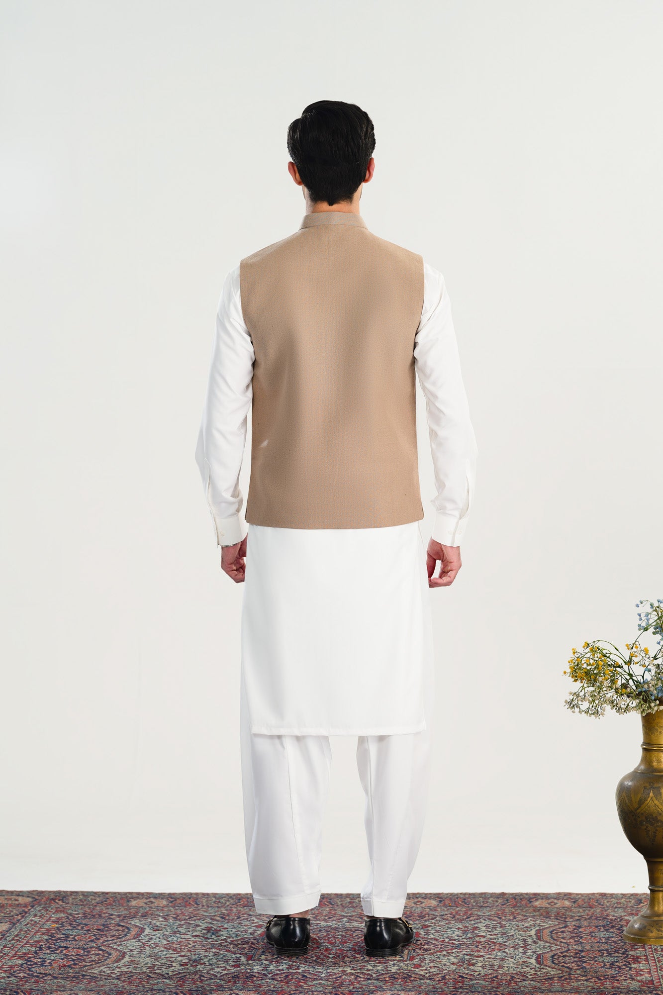 Off White Kurta Shalwar with Beige Khaddar Waistcoat - A-Line Cut - Men