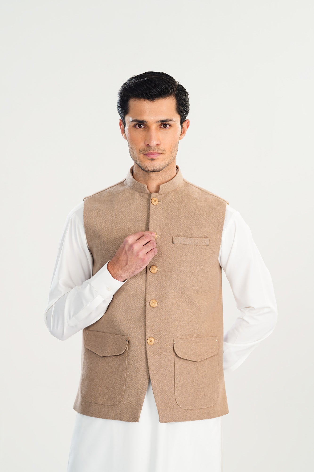 Off White Kurta Shalwar with Beige Khaddar Waistcoat - A-Line Cut - Men