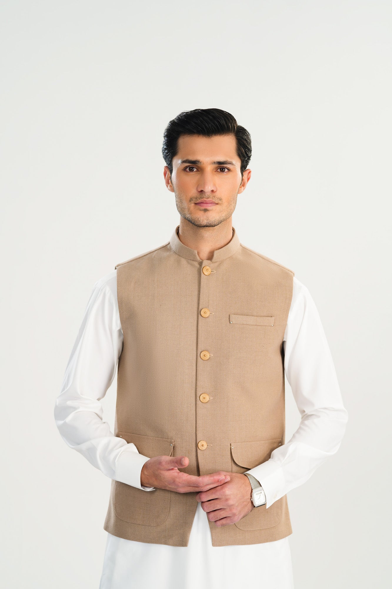 Off White Kurta Shalwar with Beige Khaddar Waistcoat - A-Line Cut - Men
