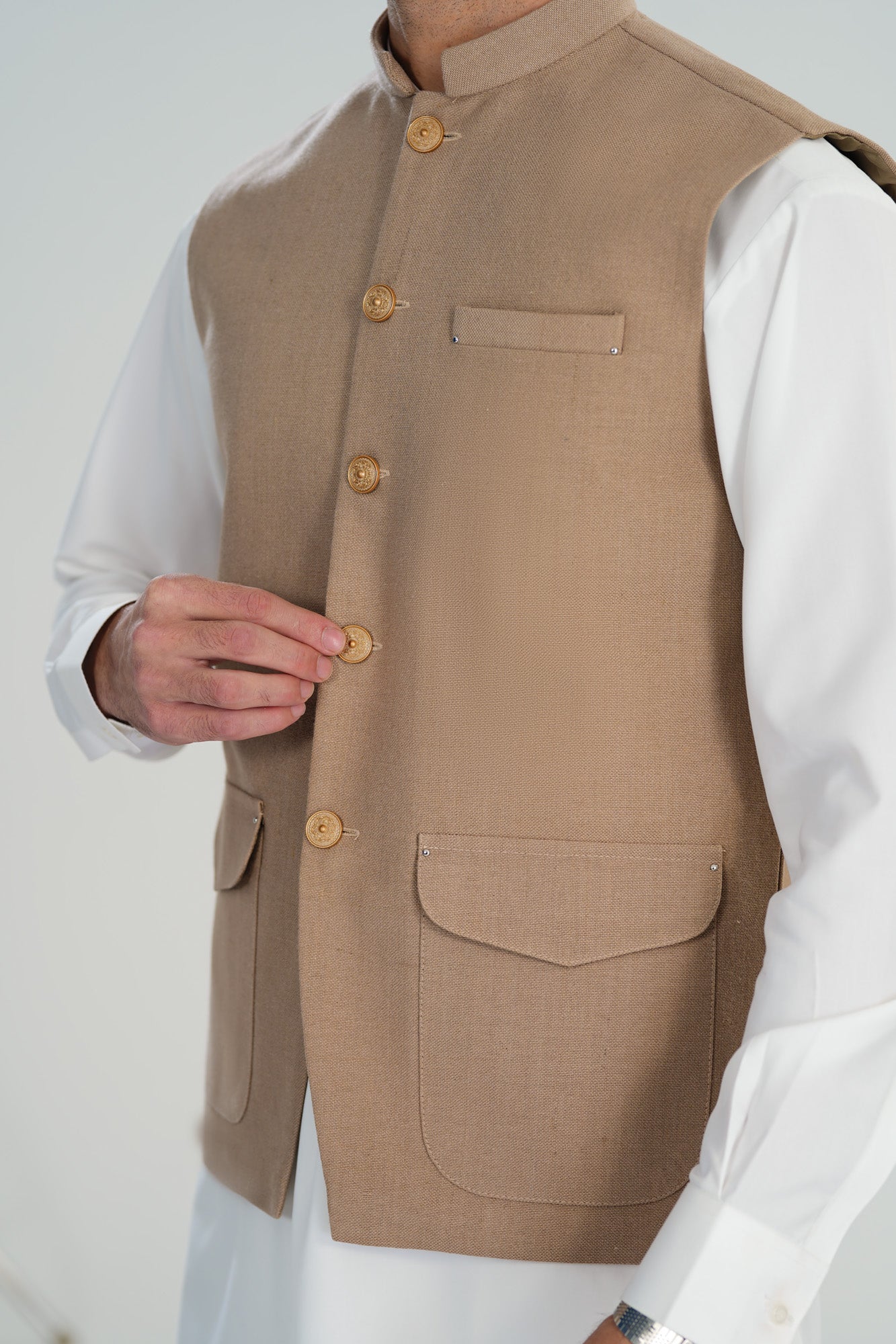 Off White Kurta Shalwar with Beige Khaddar Waistcoat - A-Line Cut - Men