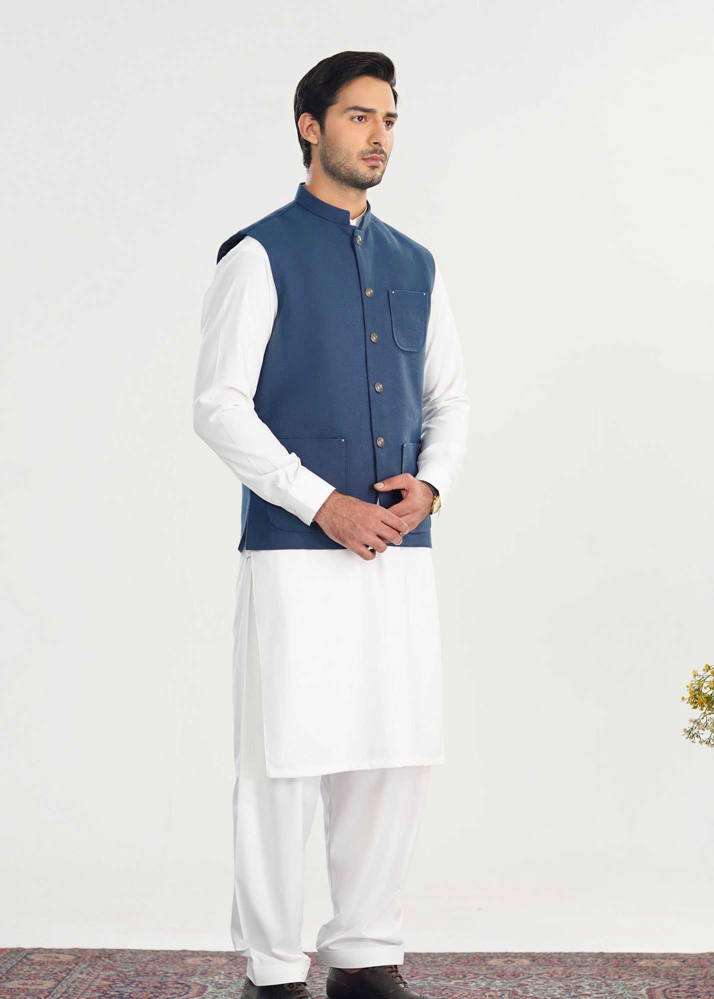 Navy Blue Handloomed Khaddar Waistcoat - A-Line Cut - Men