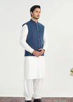 Off White Kurta Shalwar with Navy Blue Khaddar Waistcoat - A-Line Cut - Men