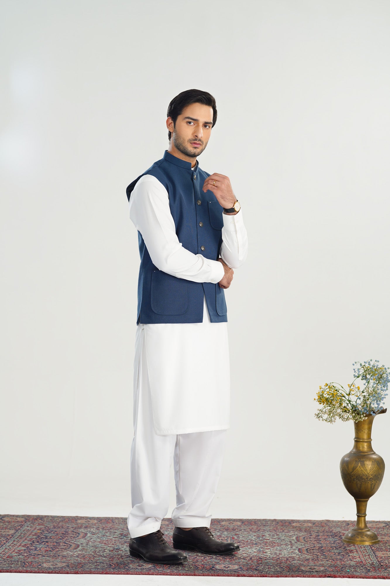 Off White Kurta Shalwar with Navy Blue Khaddar Waistcoat - A-Line Cut - Men