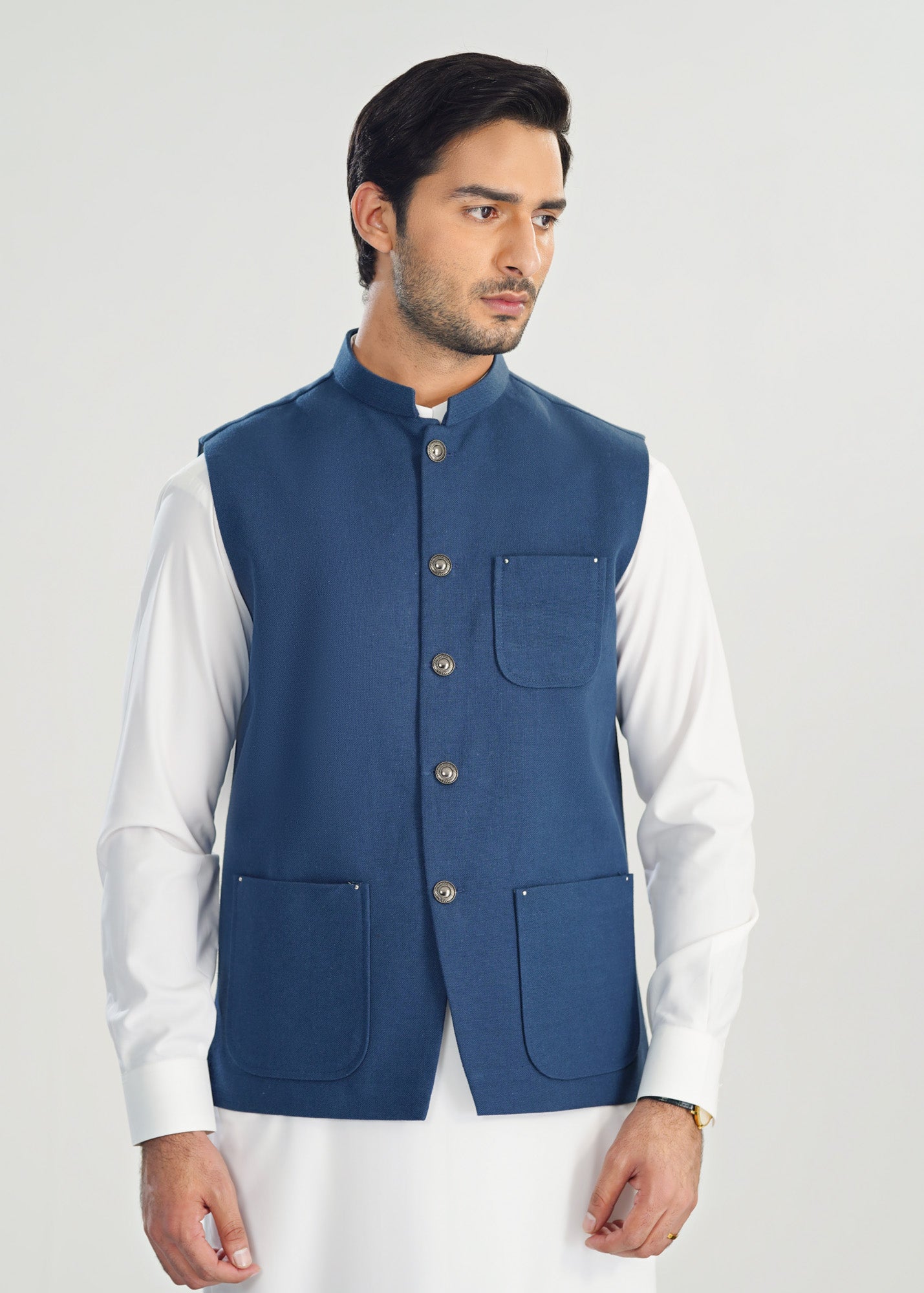 Off White Kurta Shalwar with Navy Blue Khaddar Waistcoat - A-Line Cut - Men