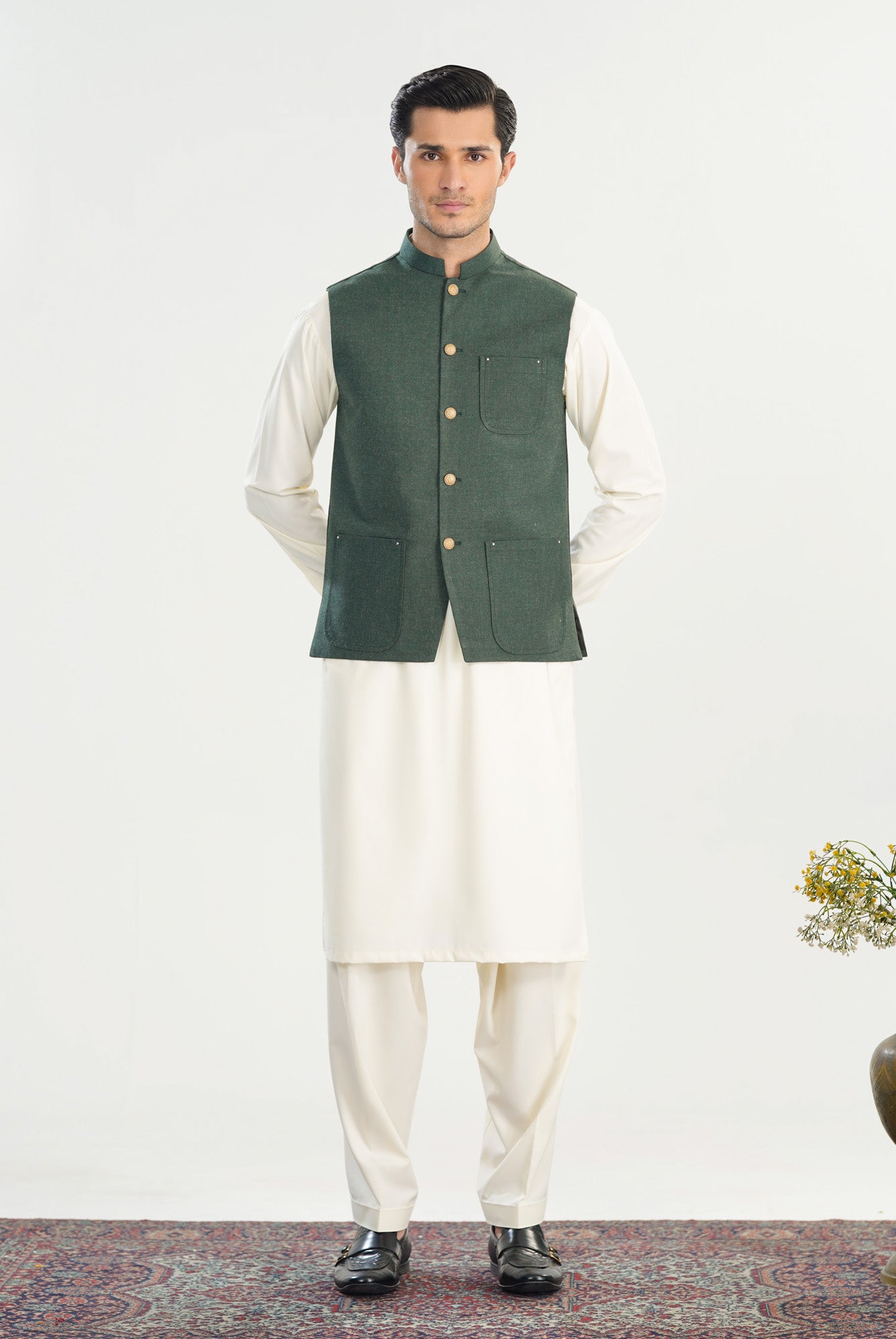 Army Green Wool Waistcoat - A-Line Cut - Men