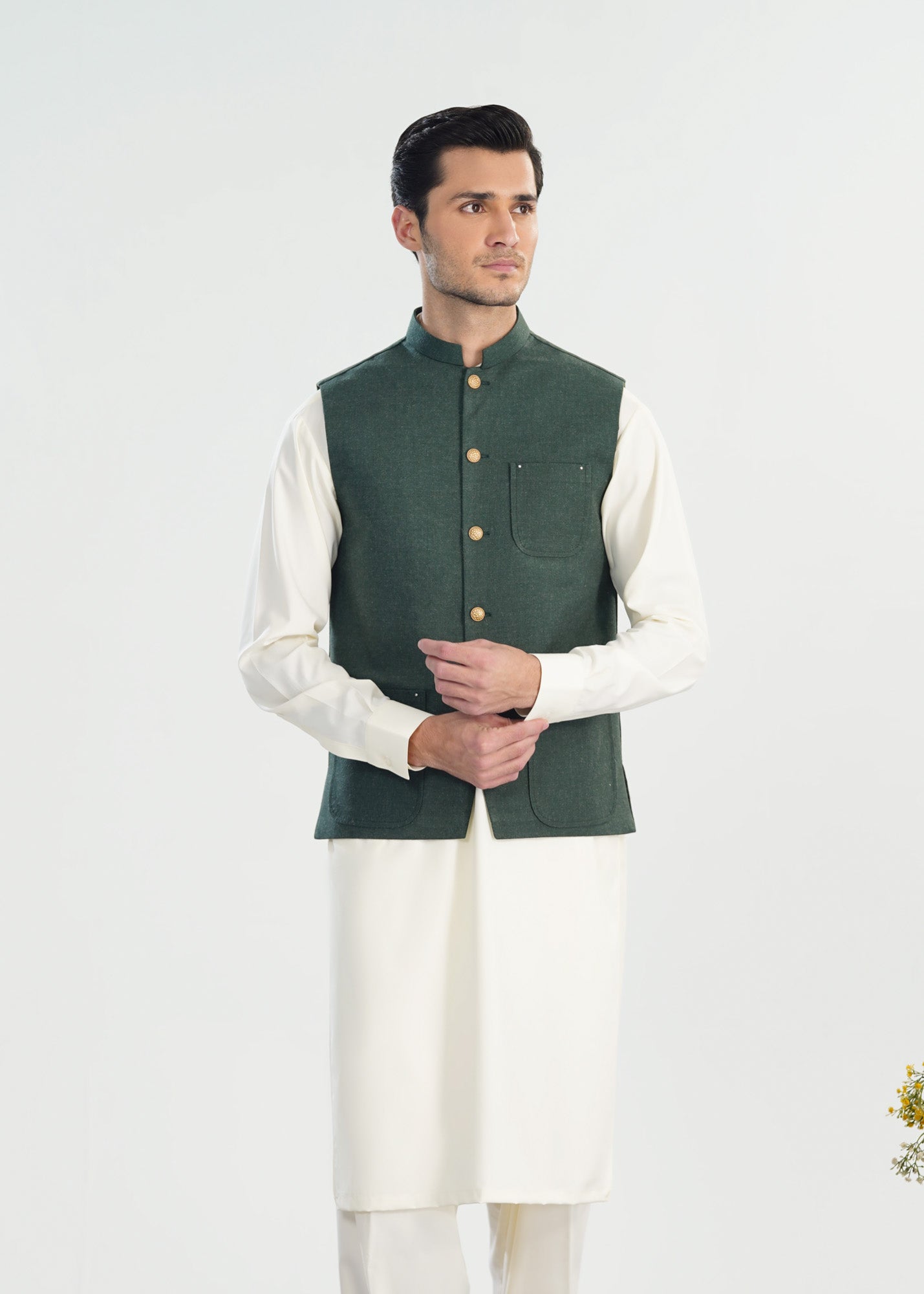 Bosky White Kurta Shalwar with Army Green Wool Waistcoat - A-Line Cut - Men
