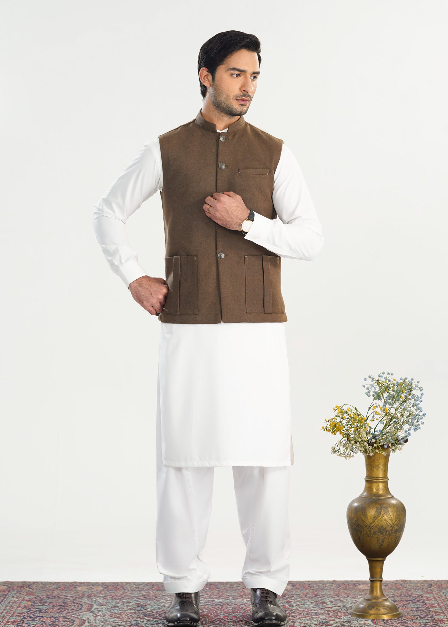 Off White Kurta Shalwar with Olive Brown Khaddar Waistcoat - Straight Cut - Men