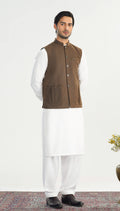 Off White Kurta Shalwar with Olive Brown Khaddar Waistcoat - Straight Cut - Men