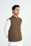 Olive Brown Handloomed Khaddar Waistcoat - Straigth Cut - Men - Muraqsh -- Menswear