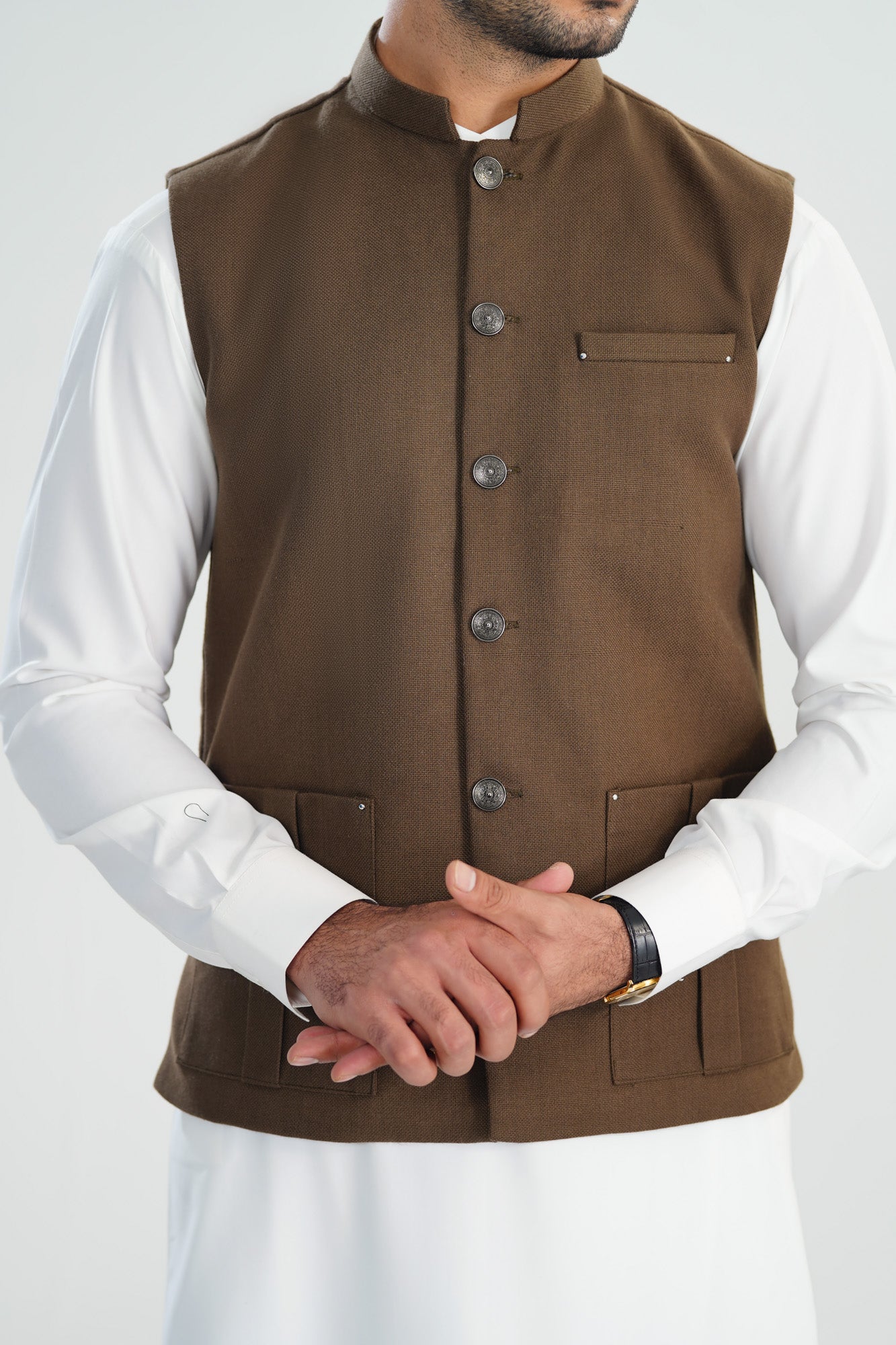 Off White Kurta Shalwar with Olive Brown Khaddar Waistcoat - Straight Cut - Men