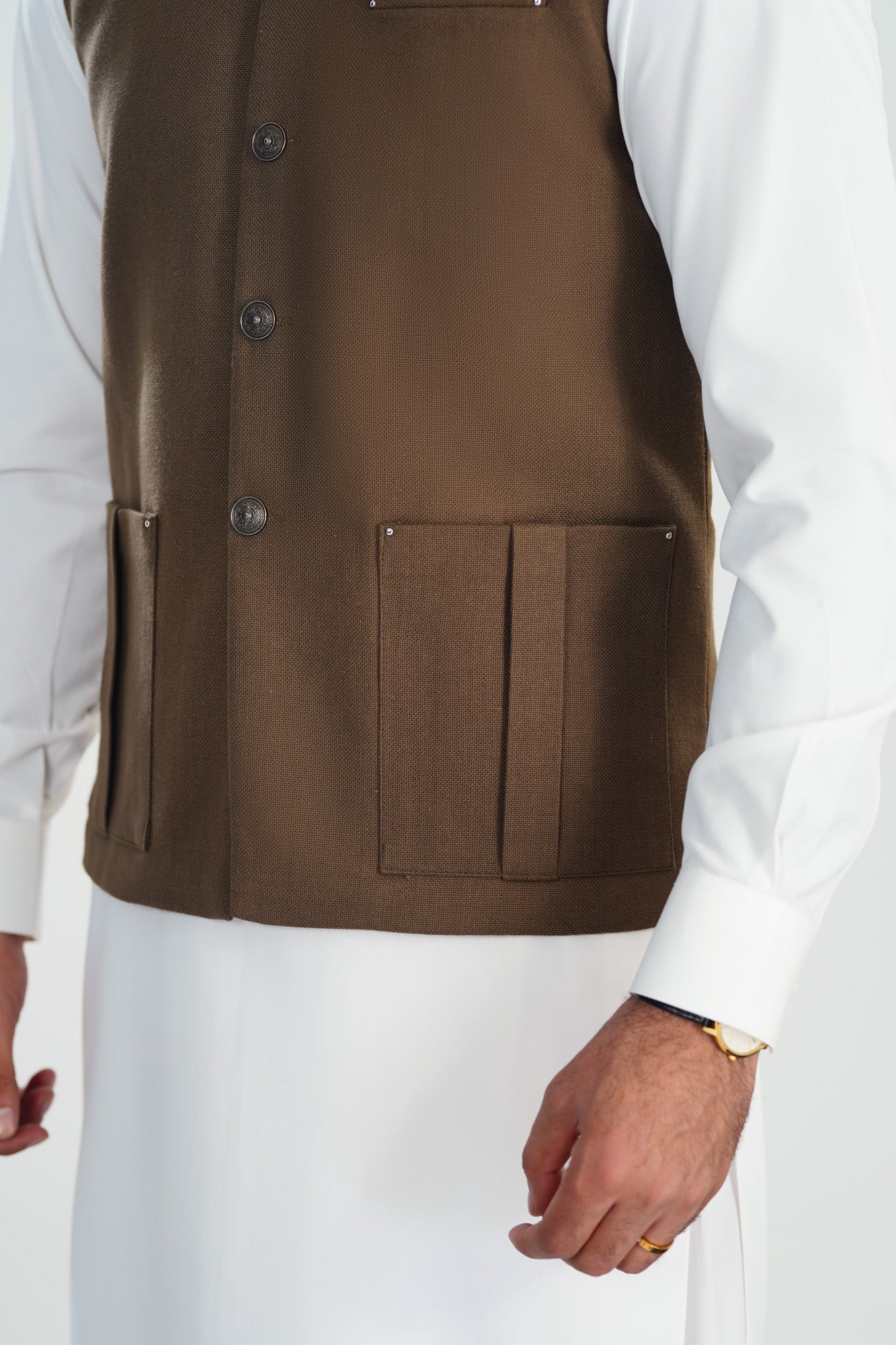 Off White Kurta Shalwar with Olive Brown Khaddar Waistcoat - Straight Cut - Men