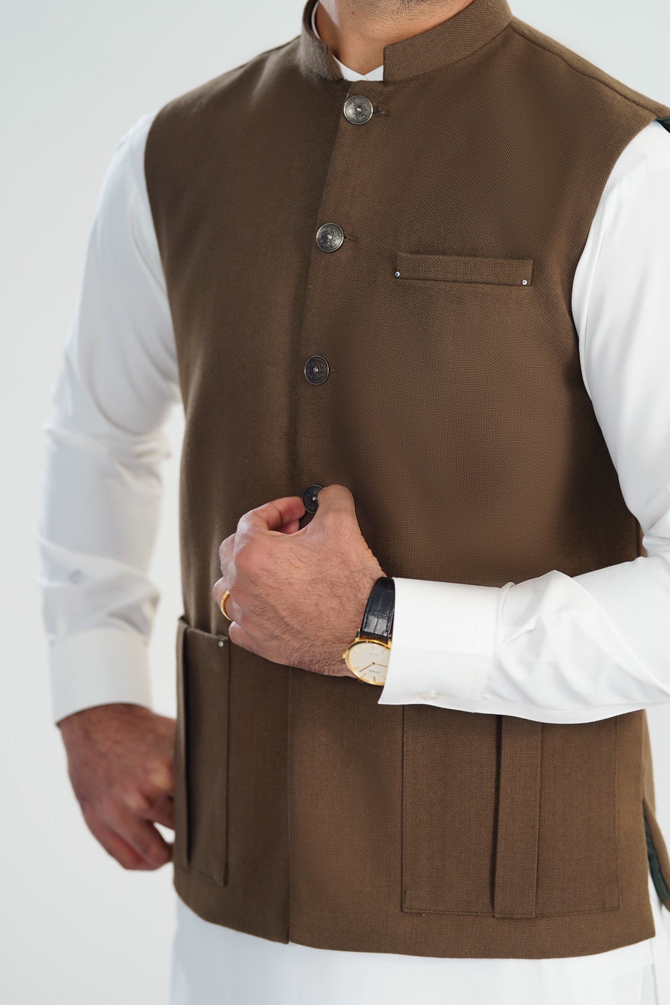 Off White Kurta Shalwar with Olive Brown Khaddar Waistcoat - Straight Cut - Men