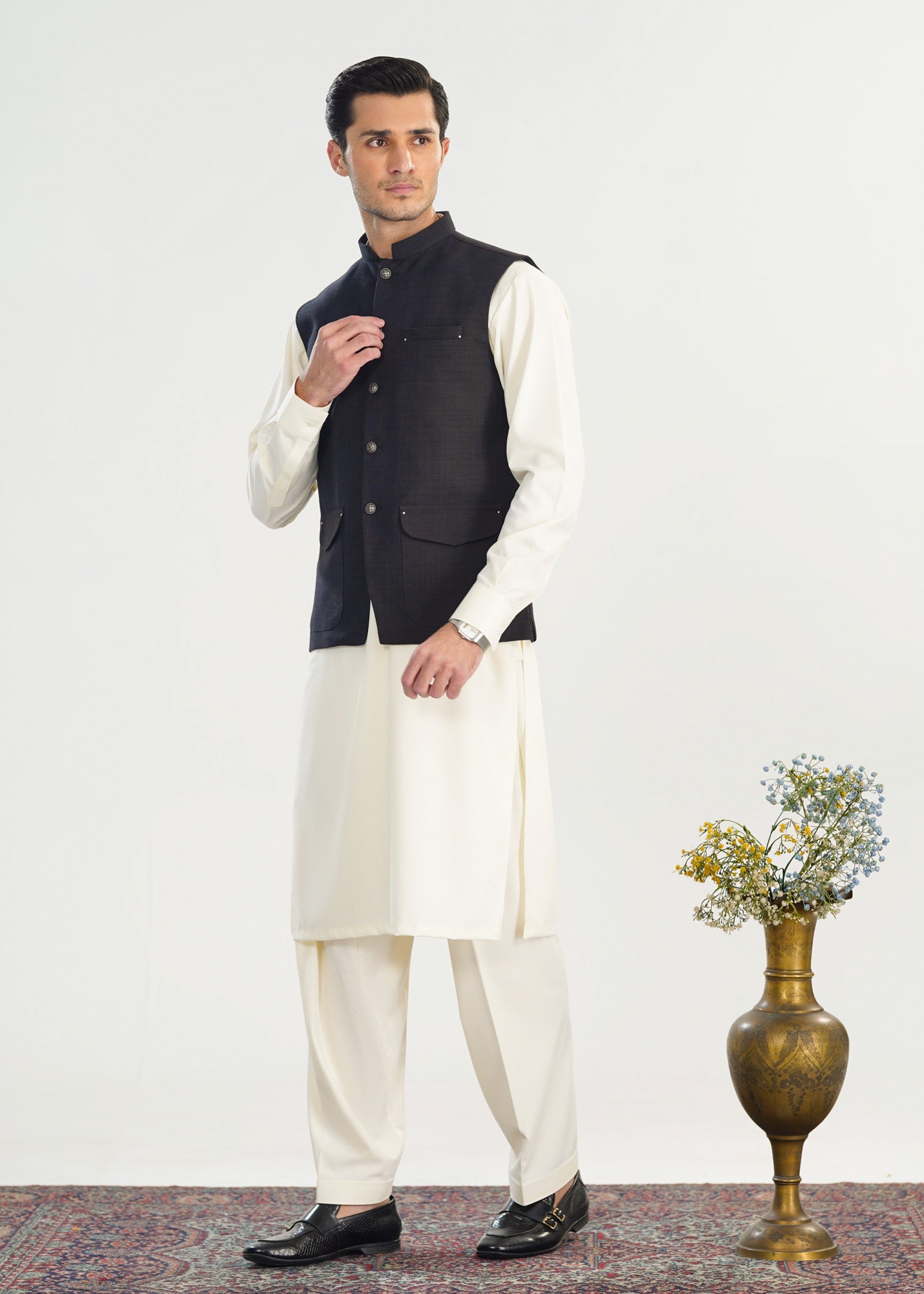 Bosky White Kurta Shalwar with Black Khaddar Waistcoat - A-Line Cut - Men