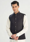 Black Handloomed Khaddar Waistcoat - A-Line Cut - Men - Muraqsh -- Menswear