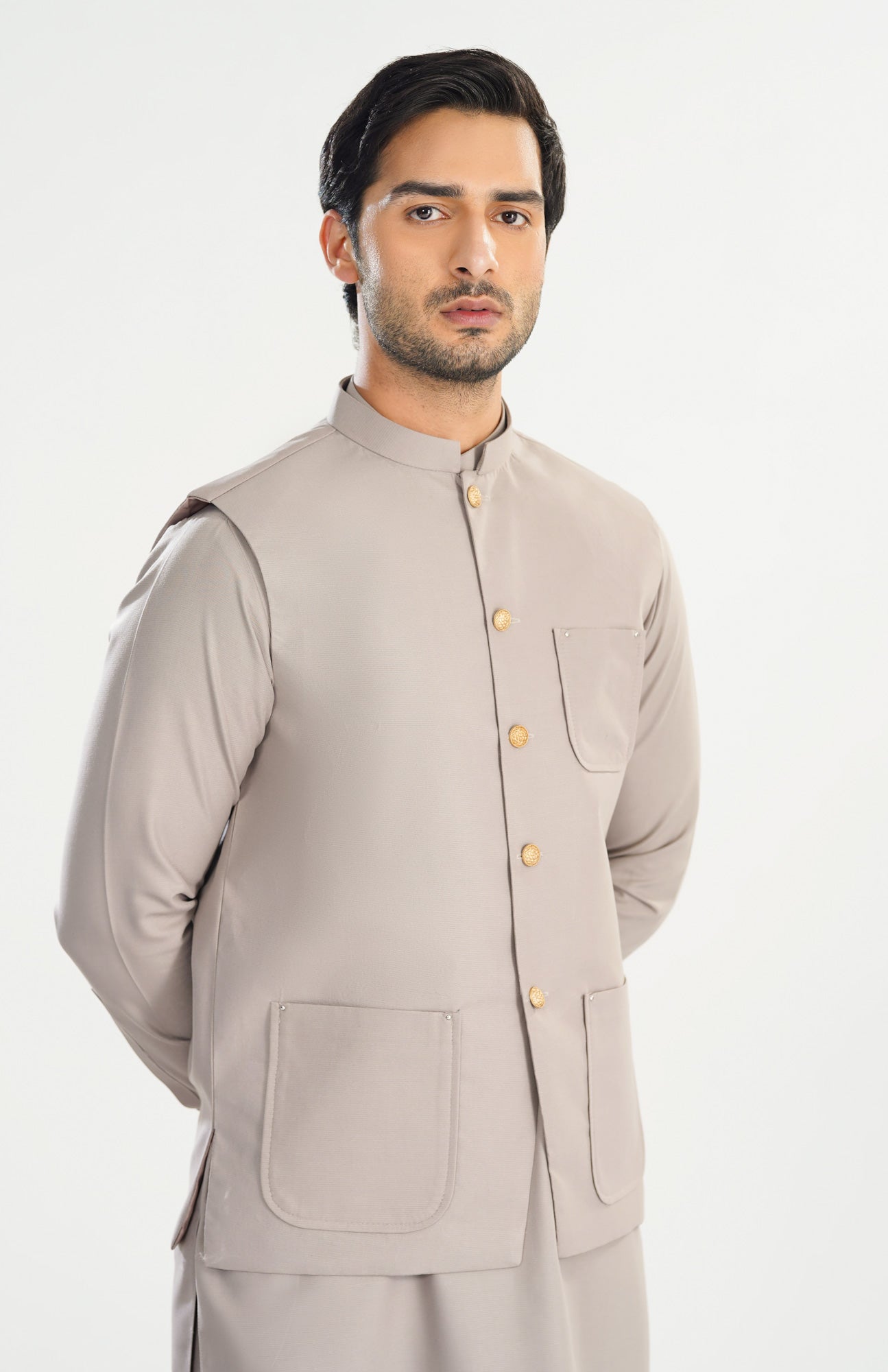 Dull Nude Kameez Shalwar with Blended Waistcoat - A-Line Cut - Men
