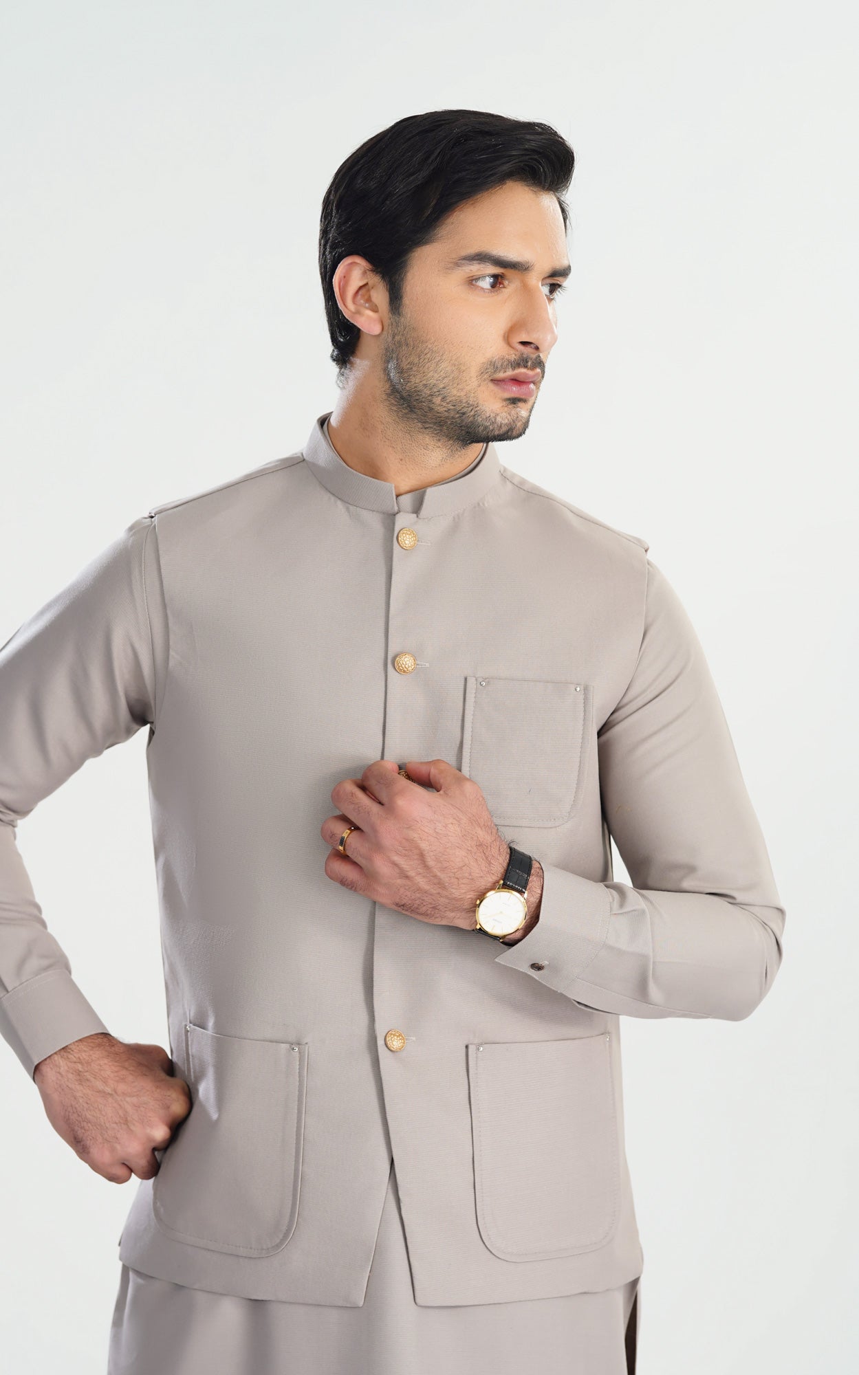 Dull Nude Kameez Shalwar with Blended Waistcoat - A-Line Cut - Men