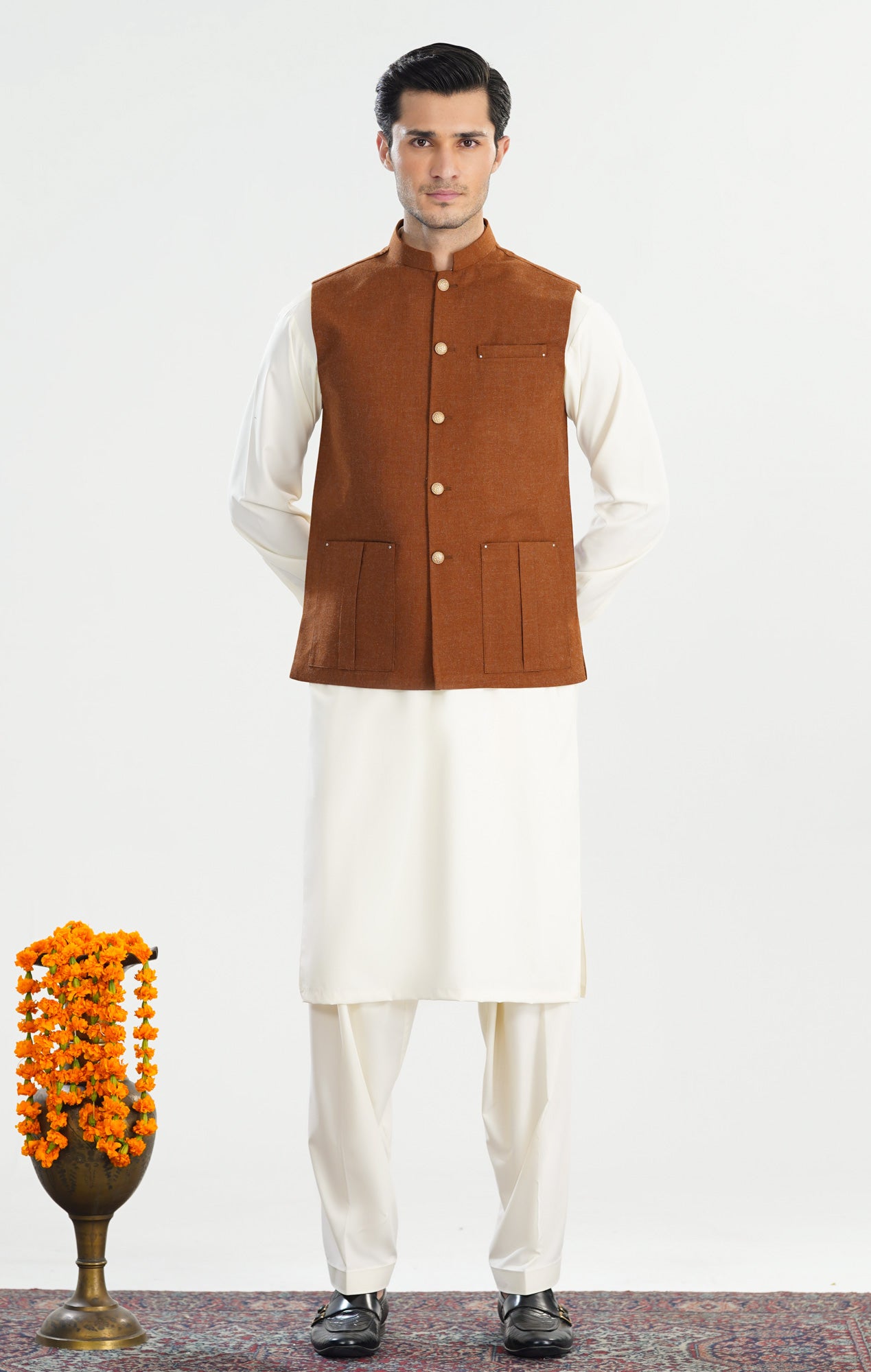 Bosky White Kurta Shalwar with Caramel Wool Waistcoat - Straight Cut - Men