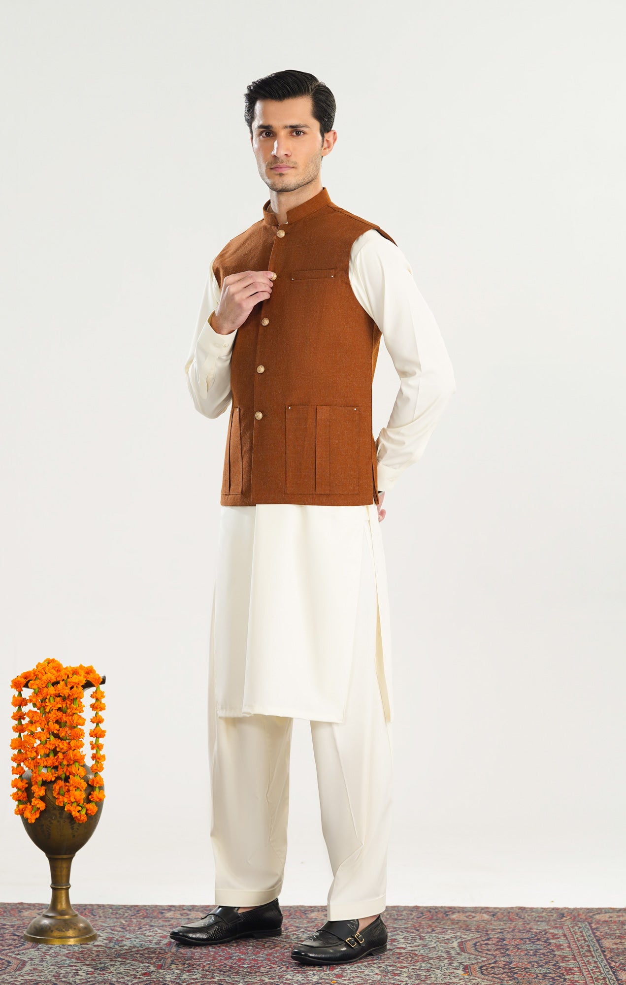 Bosky White Kurta Shalwar with Caramel Wool Waistcoat - Straight Cut - Men