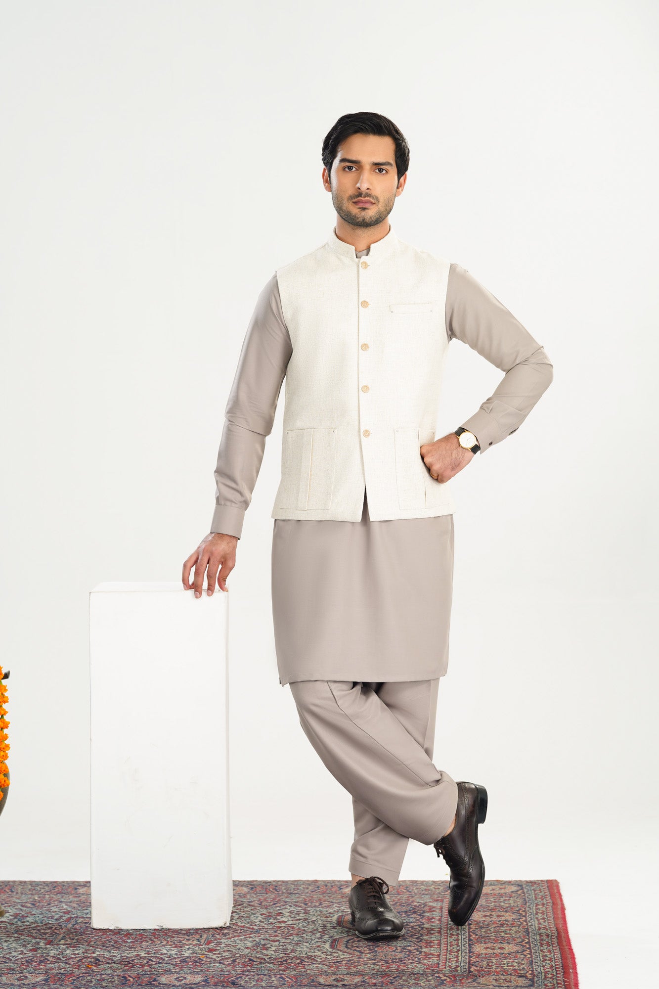 Off White Handloomed Khaddar Waistcoat - Straigth Cut - Men