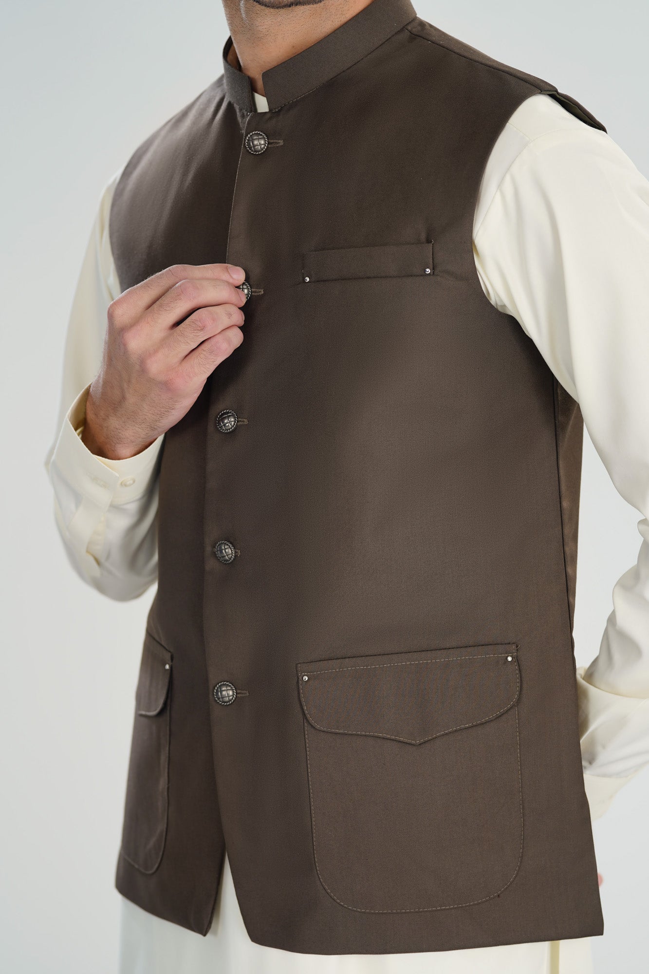 Bosky White Kurta Shalwar with Taupe Suiting Waistcoat - Straight Cut - Men