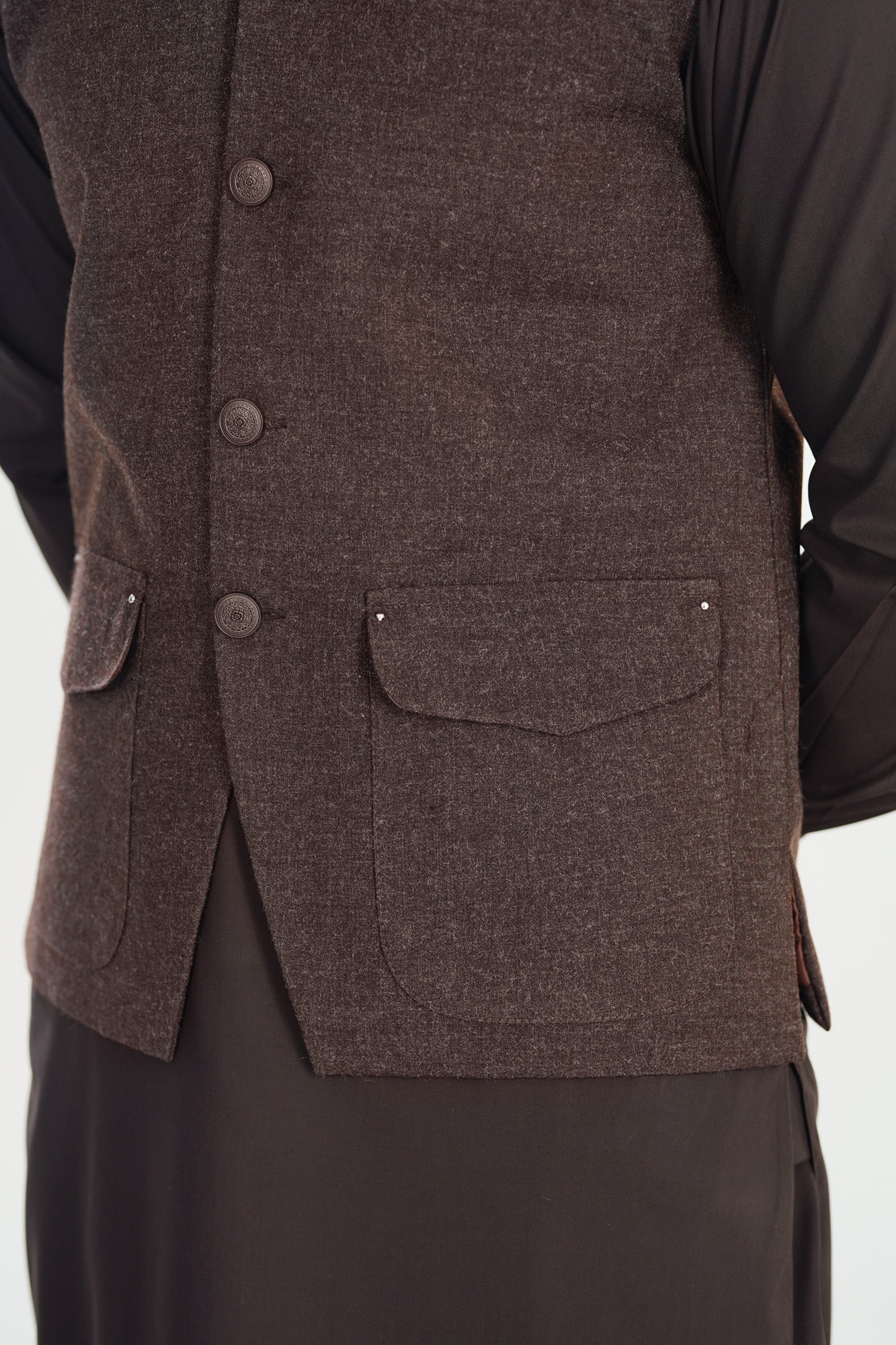 Brown Kurta Shalwar with Wool Waistcoat - A-Line Cut - Men