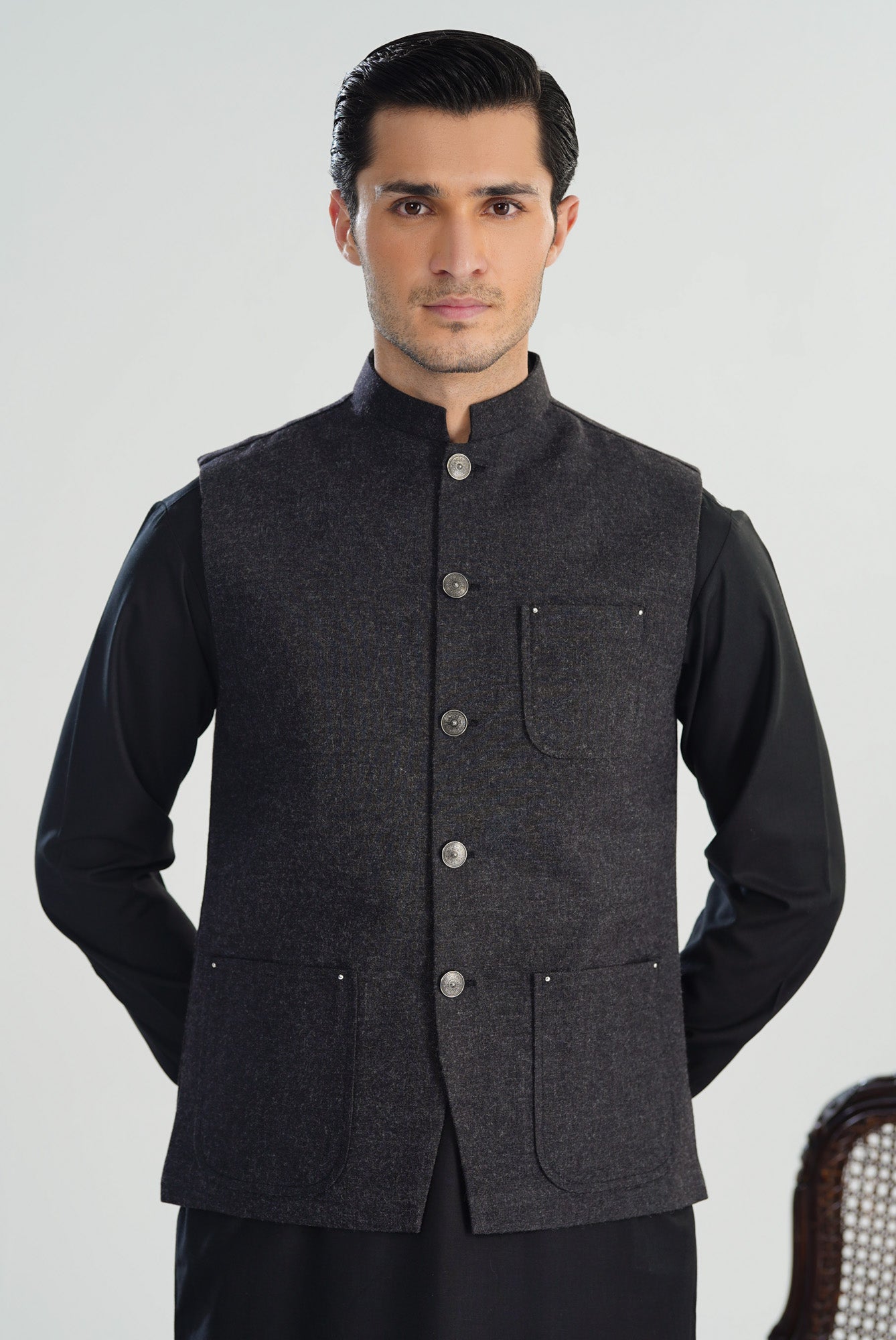 Black Kurta Shalwar with Wool Waistcoat - A-Line Cut - Men