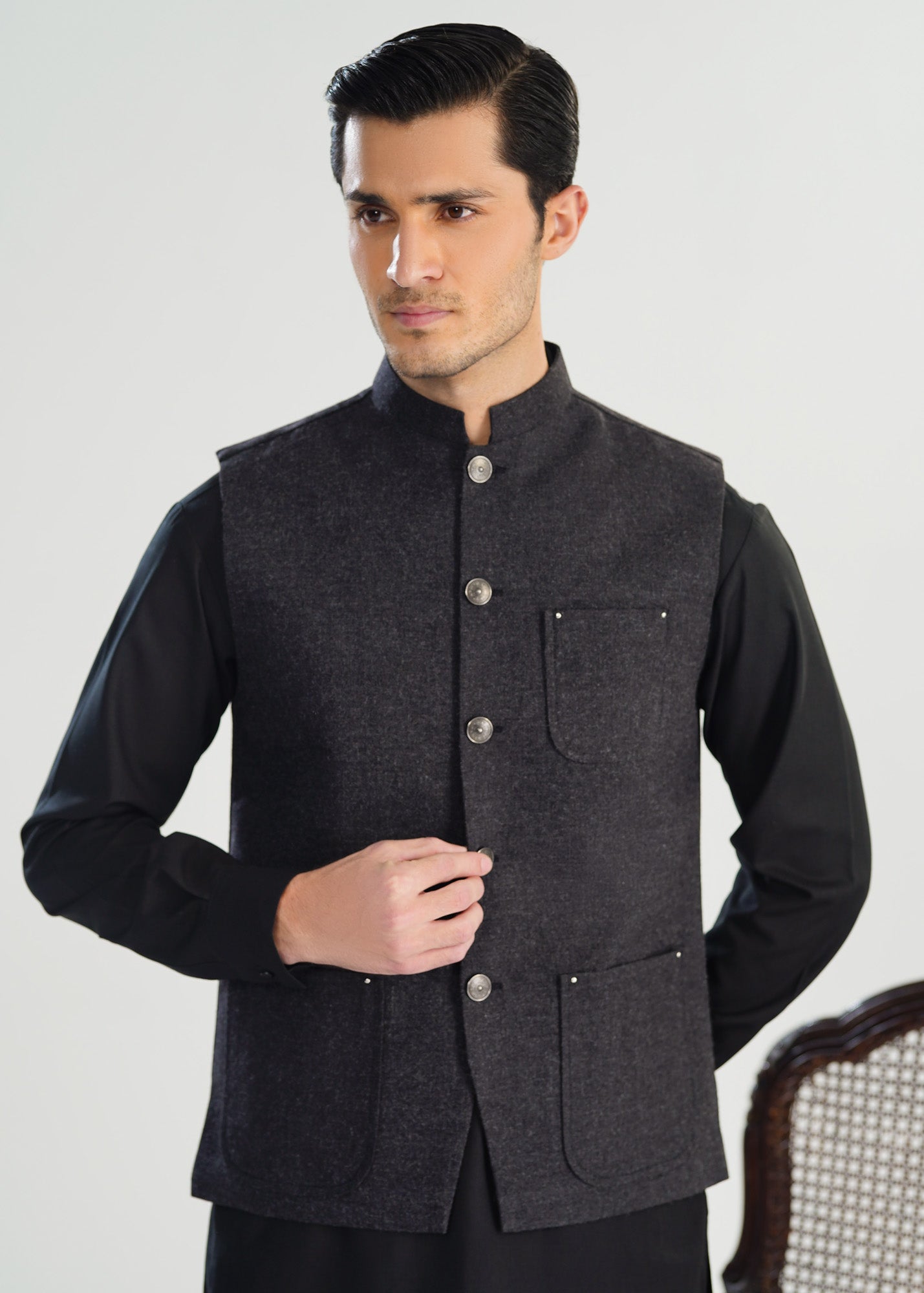 Black Wool Waistcoat - A-Line Cut - Men