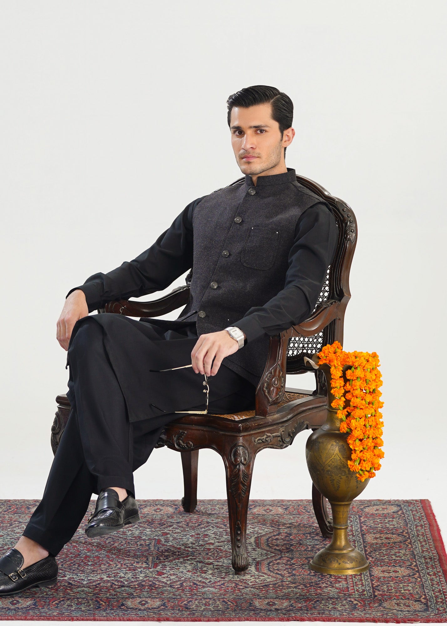 Black Kurta Shalwar with Wool Waistcoat - A-Line Cut - Men