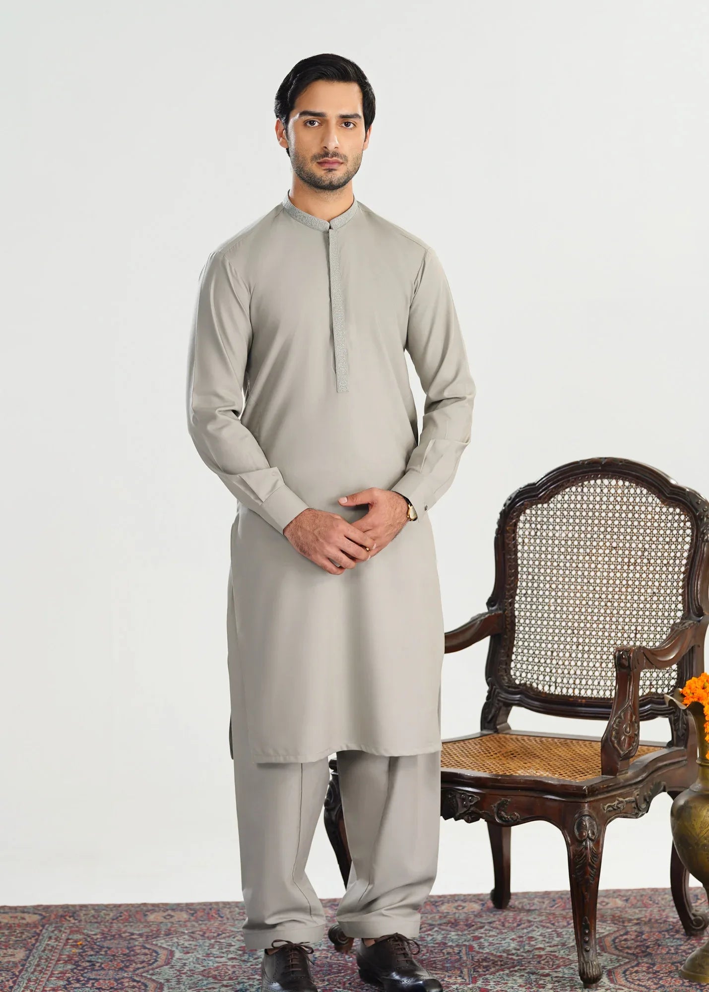 Formal Silver Beige Kurta Shalwar - Collar Neck Embroidered - Men - Muraqsh -- Menswear