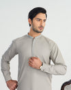 Formal Silver Beige Kurta Shalwar - Collar Neck Embroidered - Men