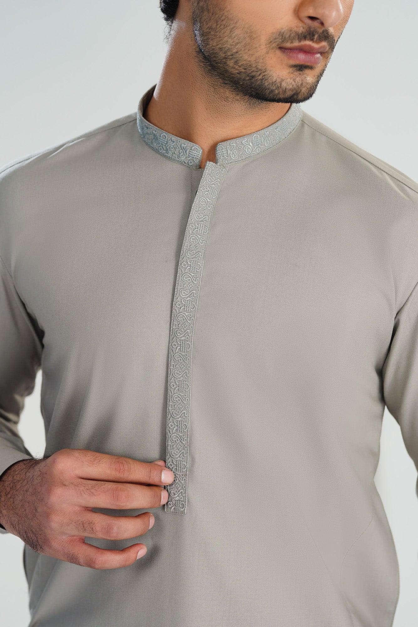Formal Silver Beige Kurta Shalwar - Collar Neck Embroidered - Men - Muraqsh -- Menswear