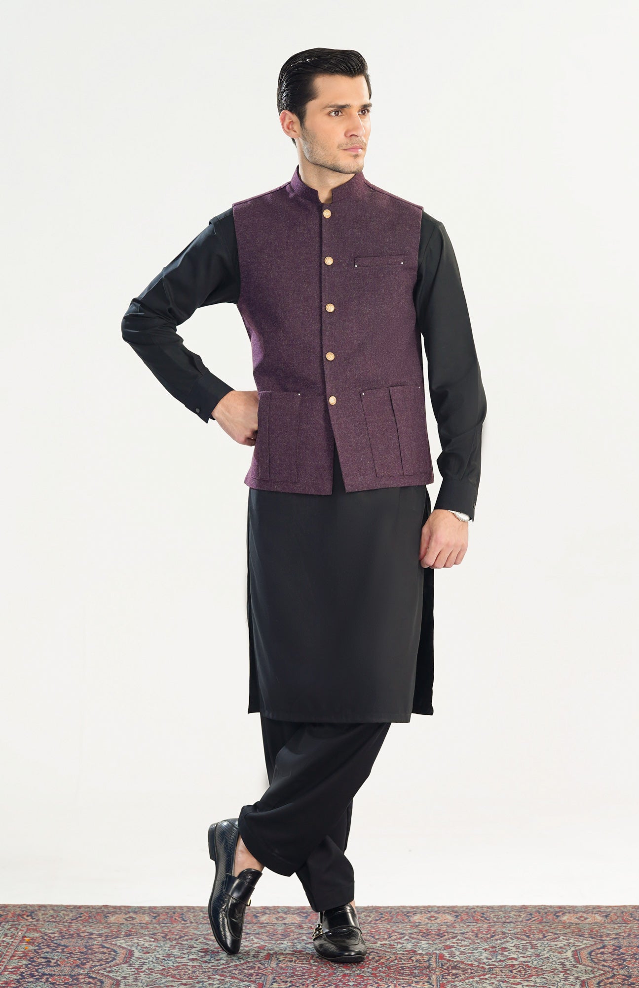 Black Kurta Shalwar with Dark Purple Wool Waistcoat - Straight Cut - Men