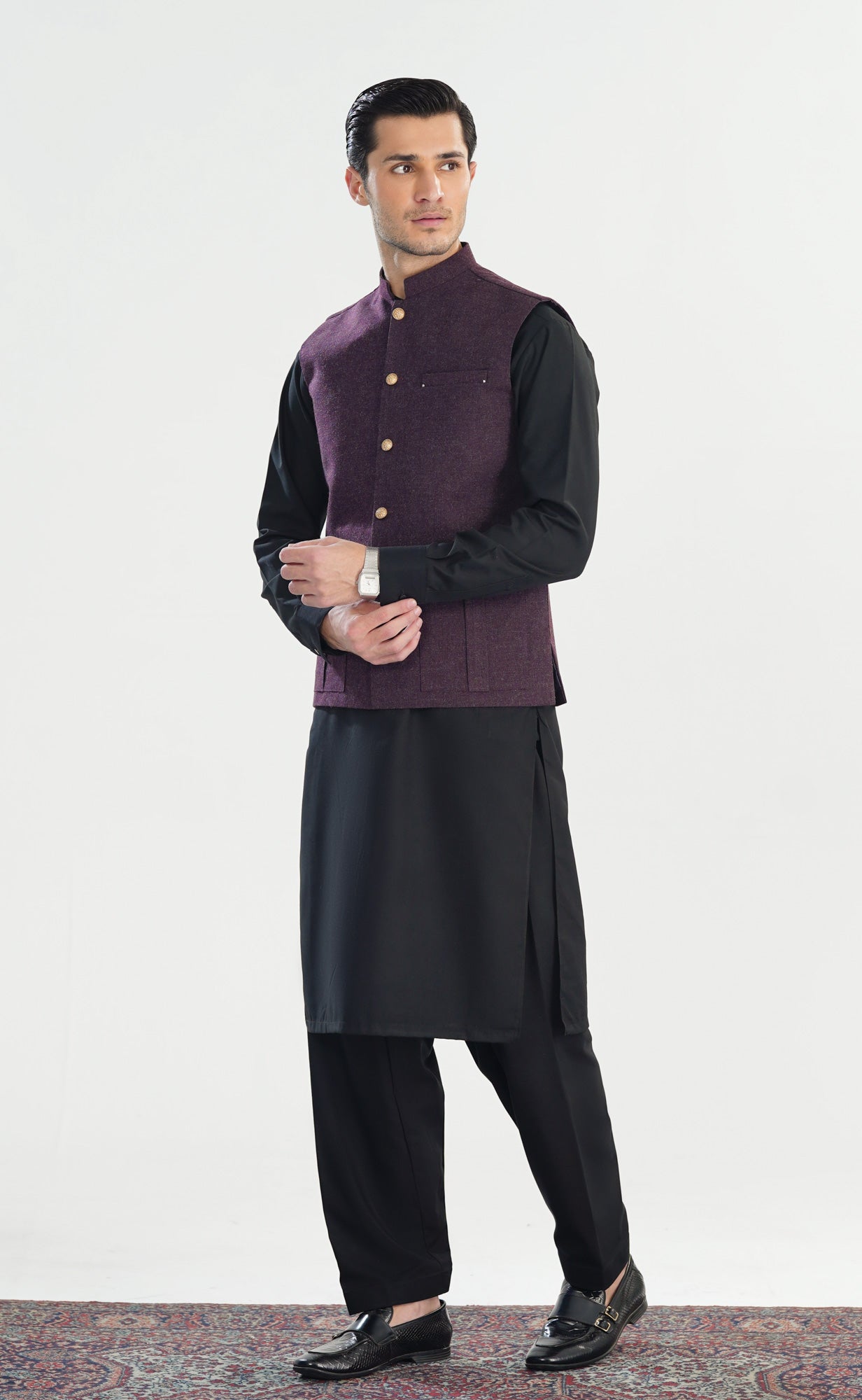 Black Kurta Shalwar with Dark Purple Wool Waistcoat - Straight Cut - Men