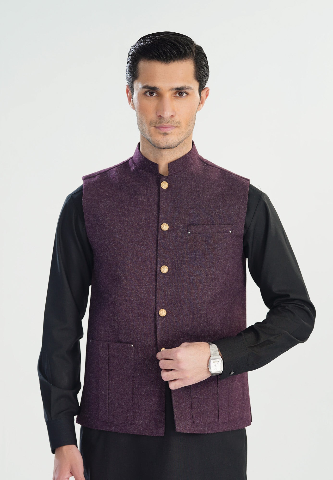 Black Kurta Shalwar with Dark Purple Wool Waistcoat - Straight Cut - Men