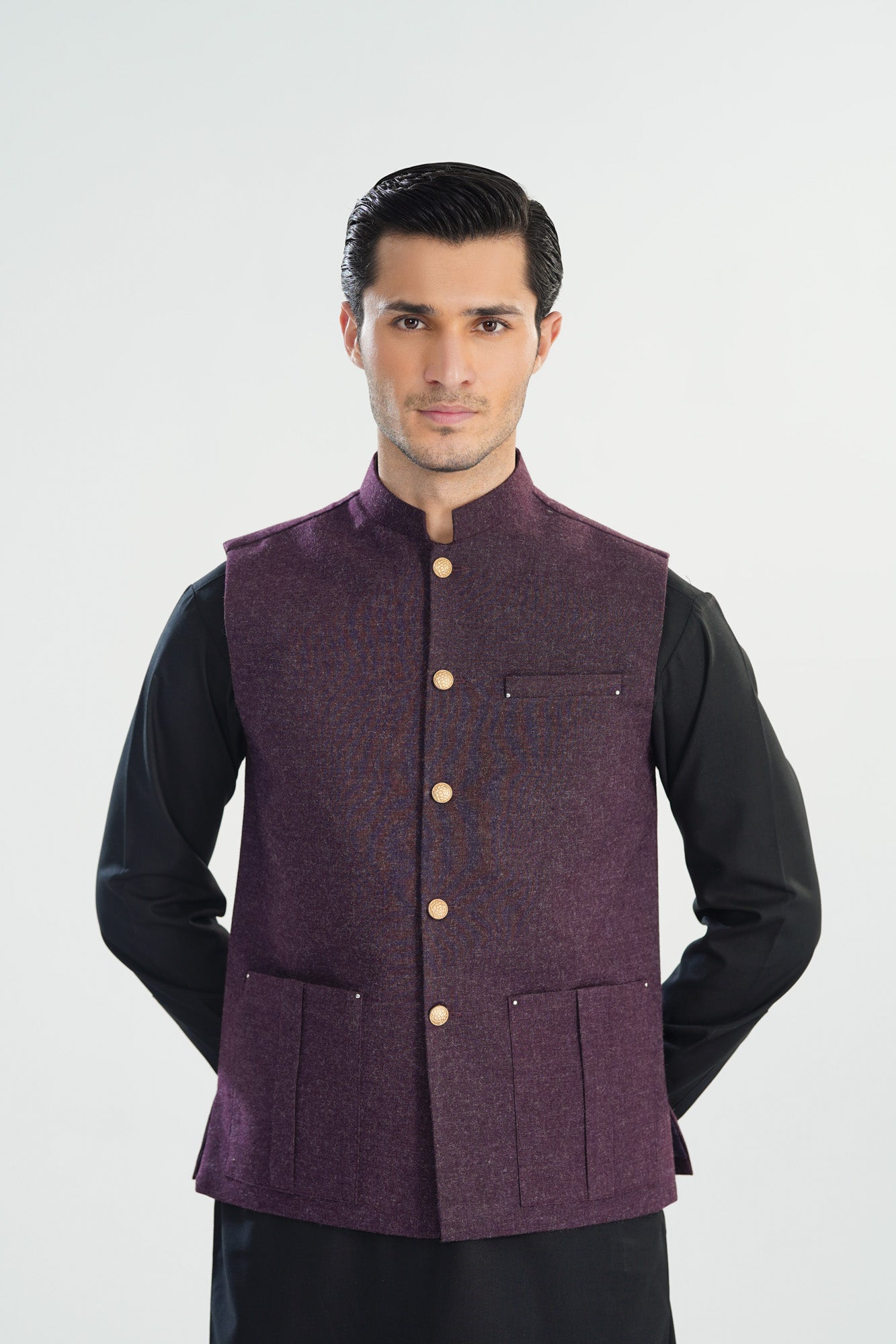 Black Kurta Shalwar with Dark Purple Wool Waistcoat - Straight Cut - Men