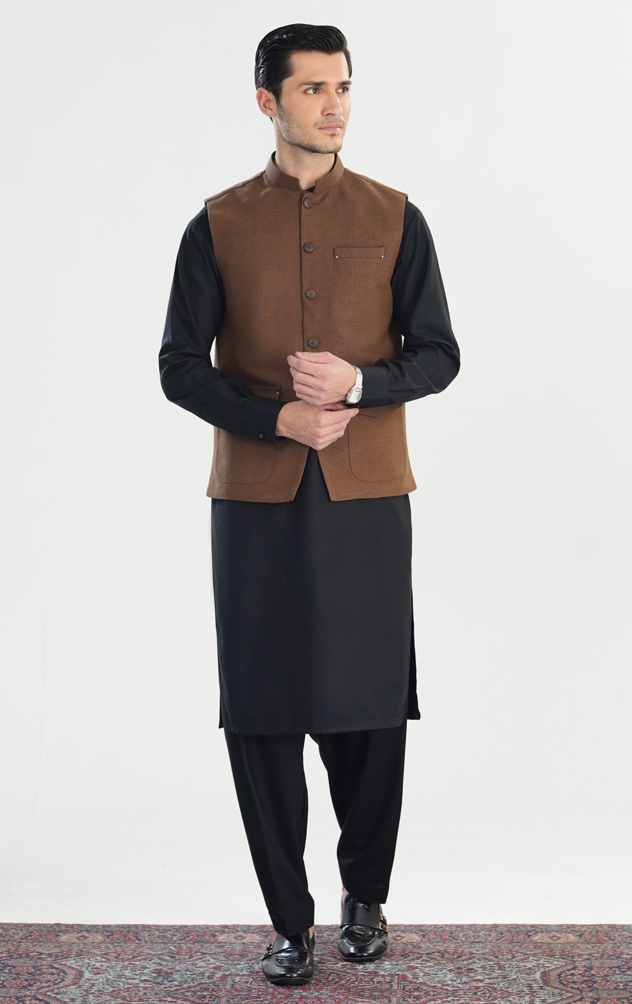 Black Kurta Shalwar with Brown Textured Khaddar Waistcoat - A-Line Cut - Men