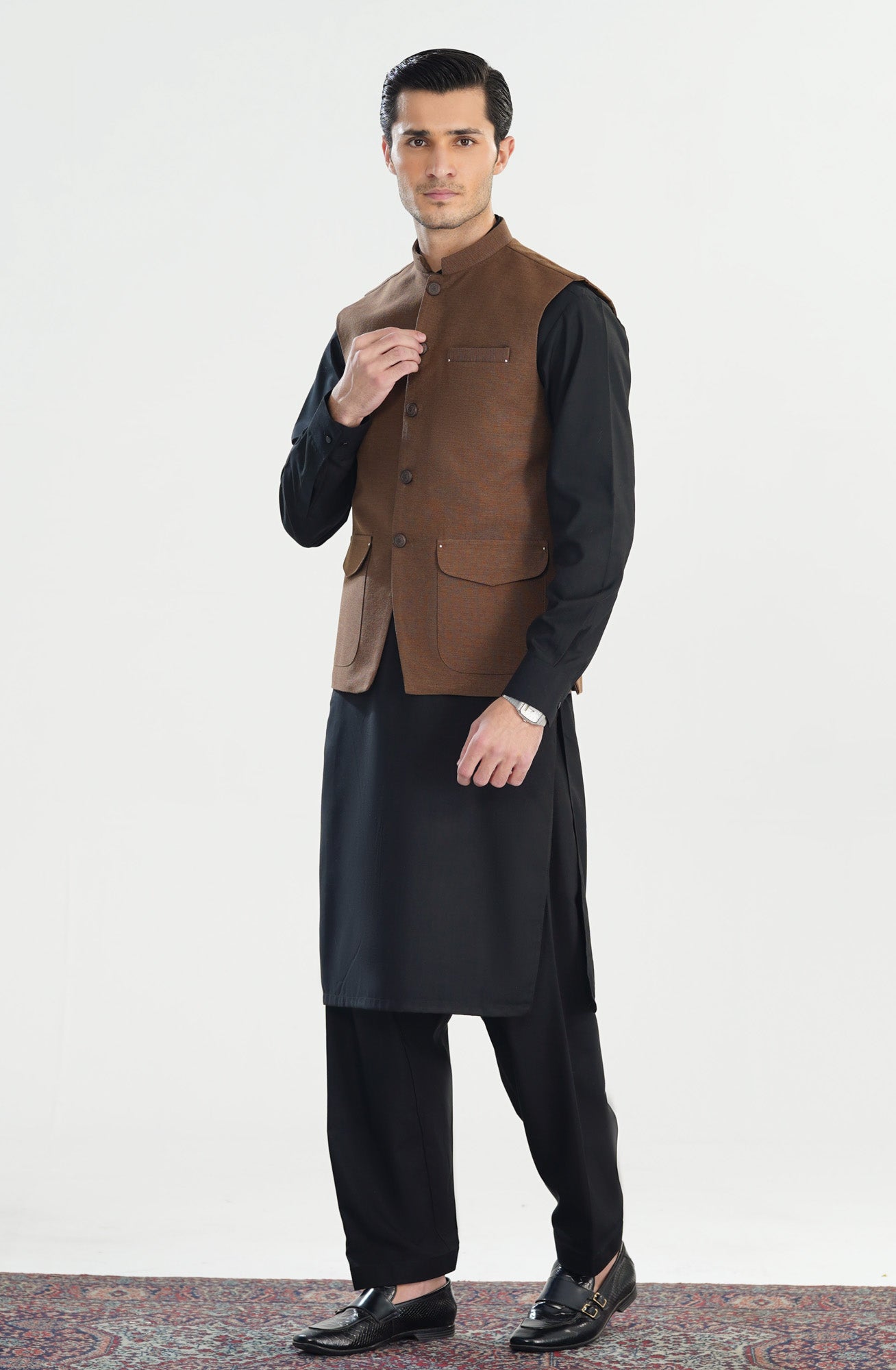 Brown Textured Handloomed Khaddar Waistcoat - A-Line Cut - Men