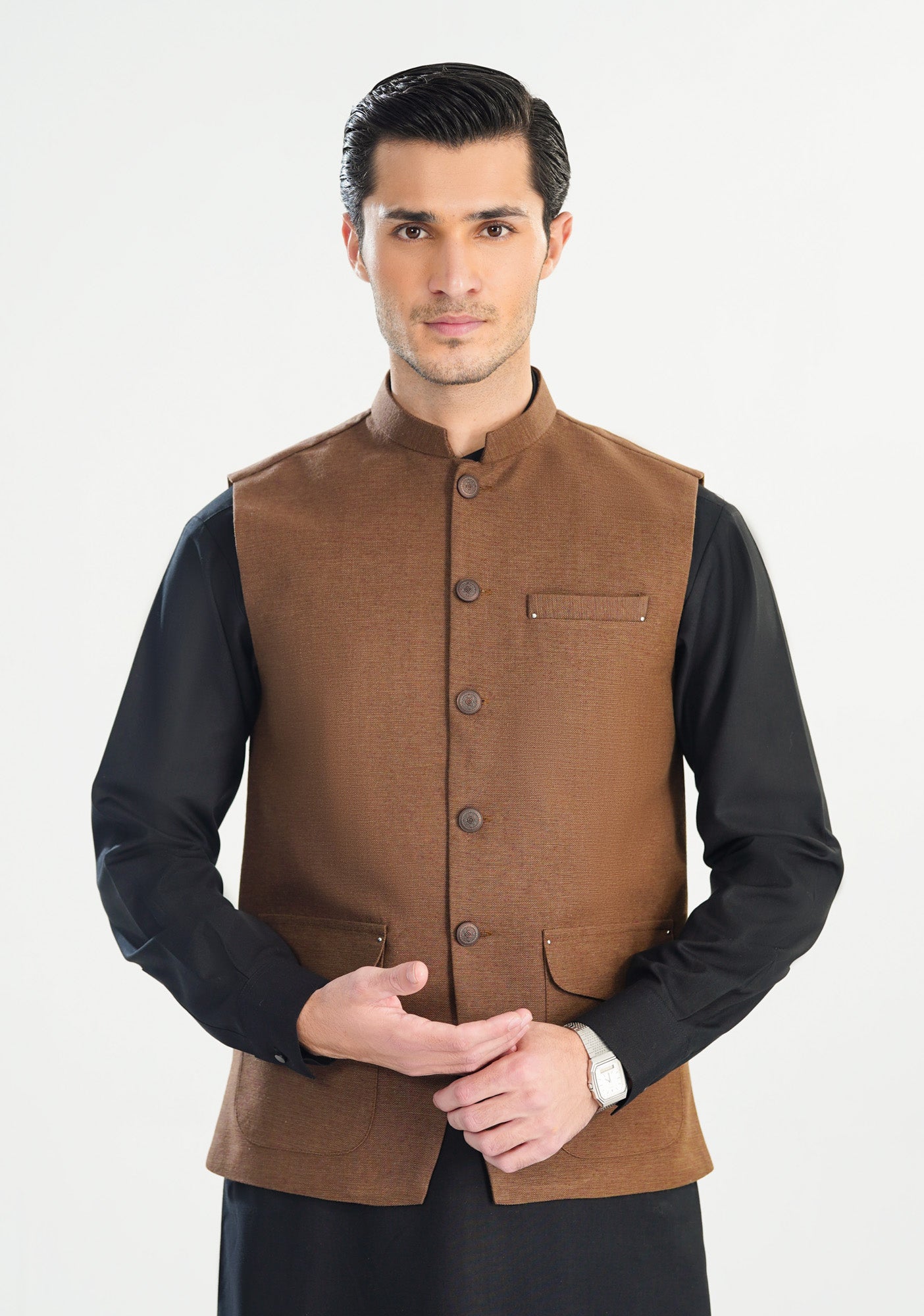 Brown Textured Handloomed Khaddar Waistcoat - A-Line Cut - Men