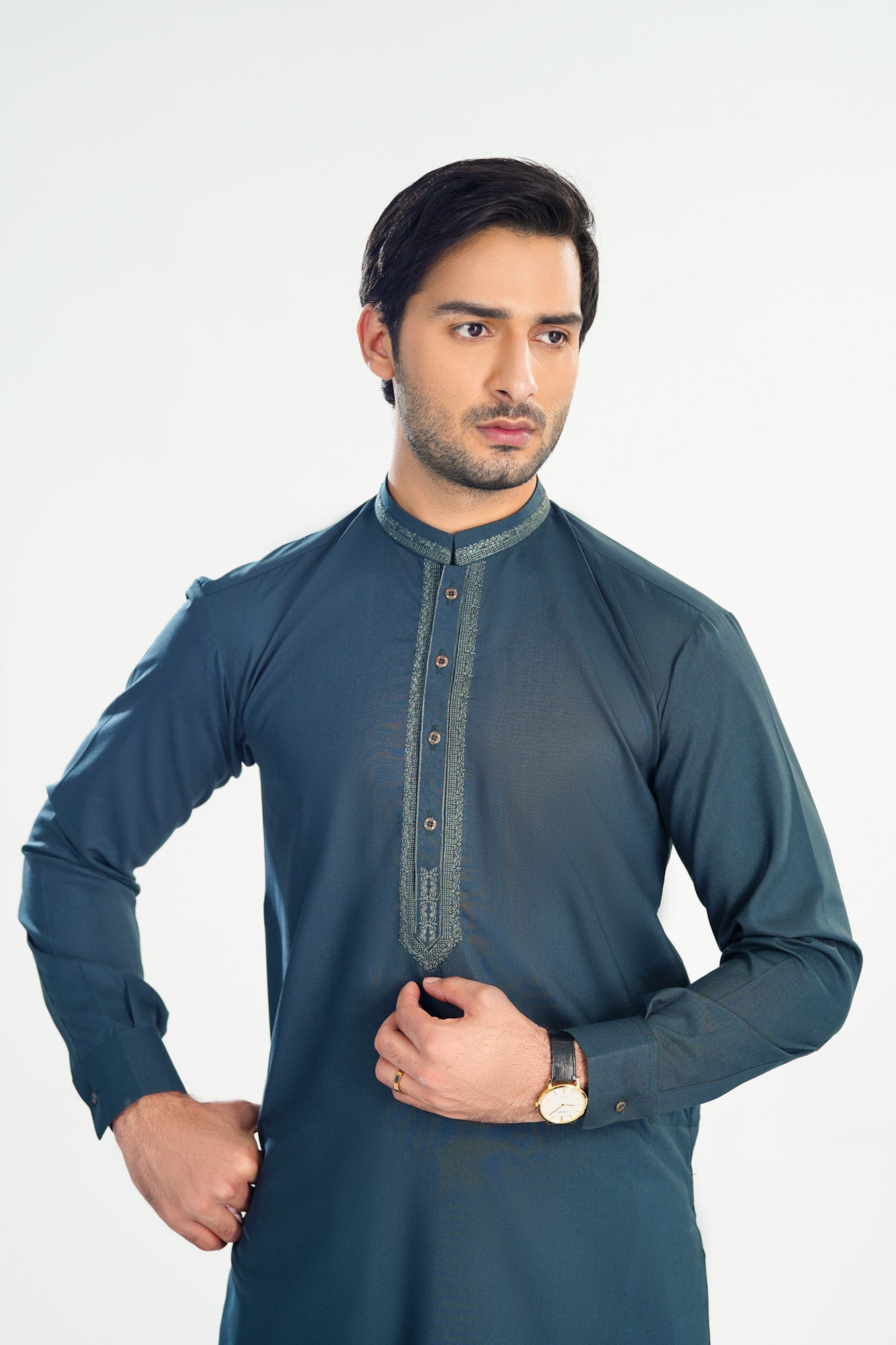 Formal Dark Green Kurta Shalwar - Collar Neck Embroidered - Men