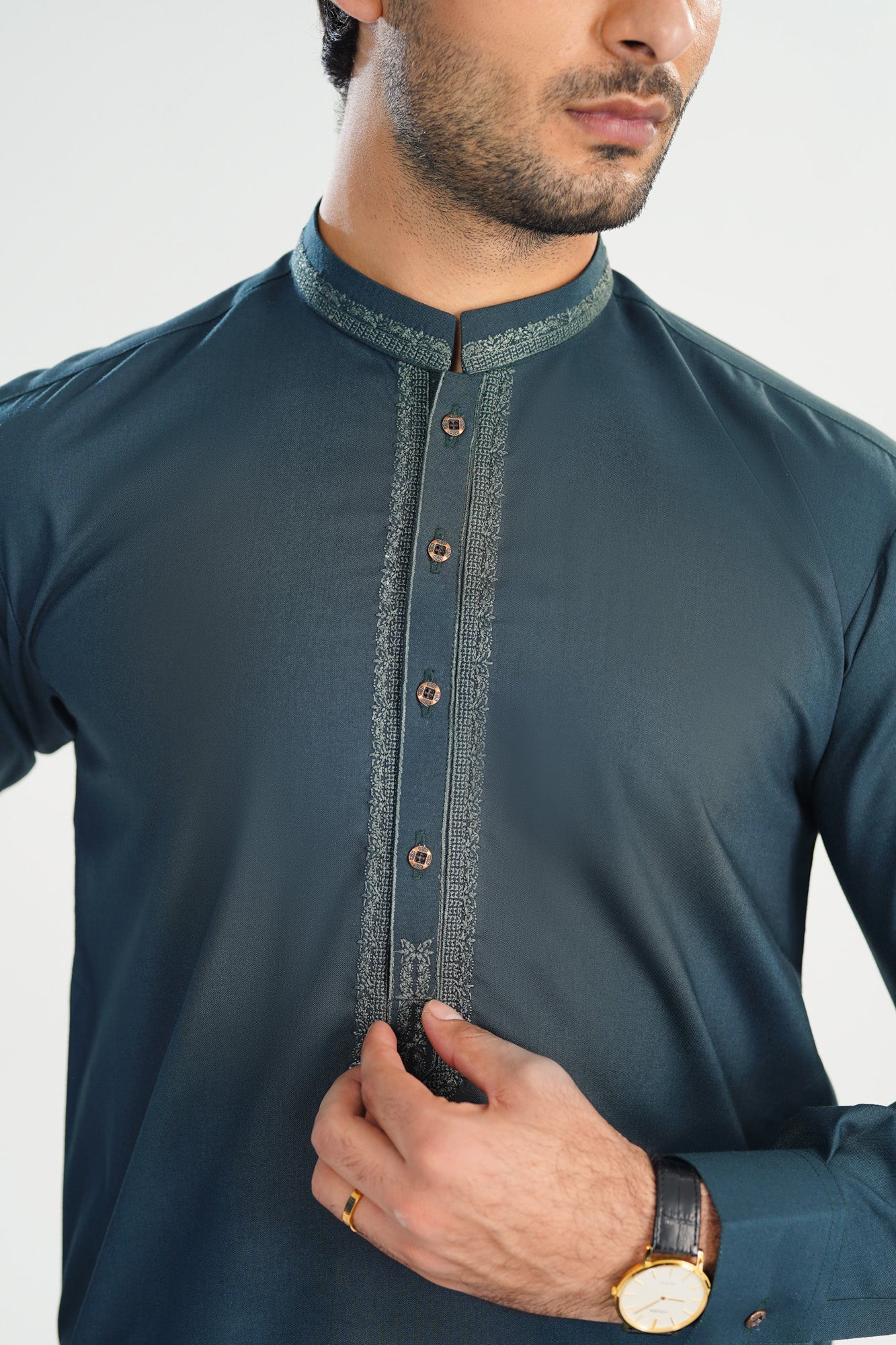 Formal Dark Green Kurta Shalwar - Collar Neck Embroidered - Men