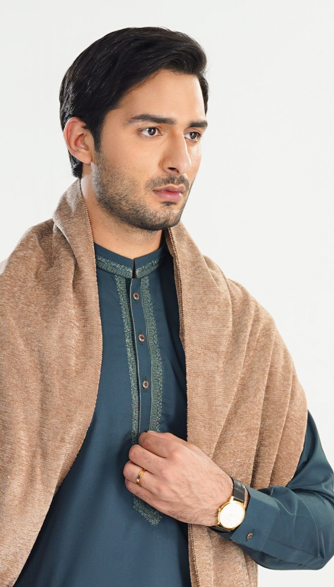 Formal Dark Green Kurta Shalwar - Collar Neck Embroidered - Men