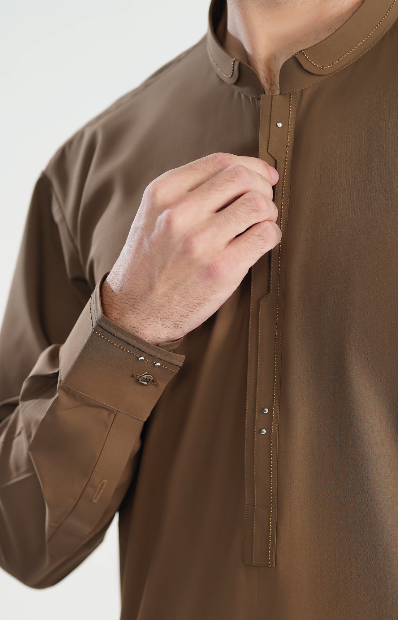 Light Brown Double Mandarin Collar Kameez Shalwar - Men