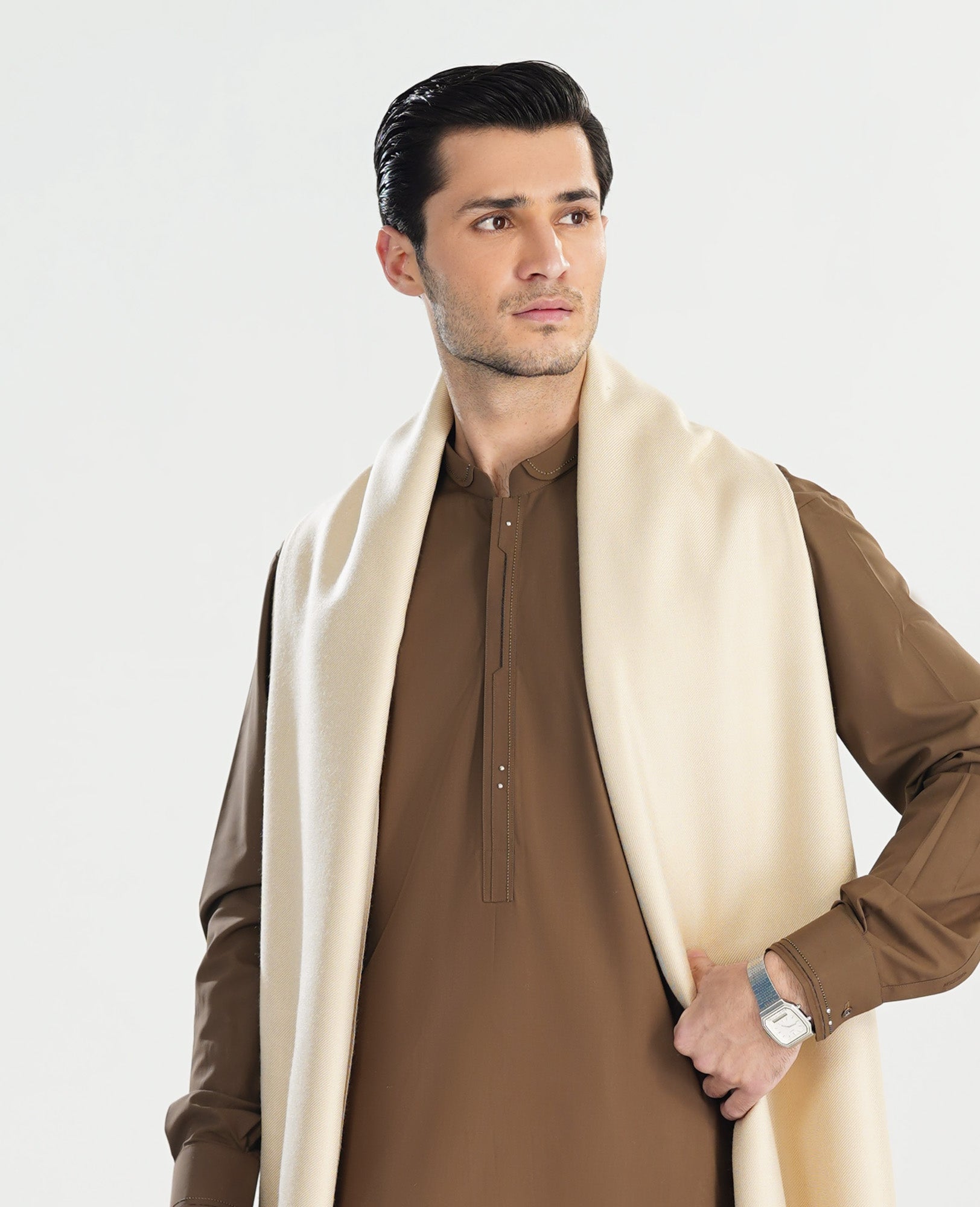 Light Brown Double Mandarin Collar Kameez Shalwar - Men