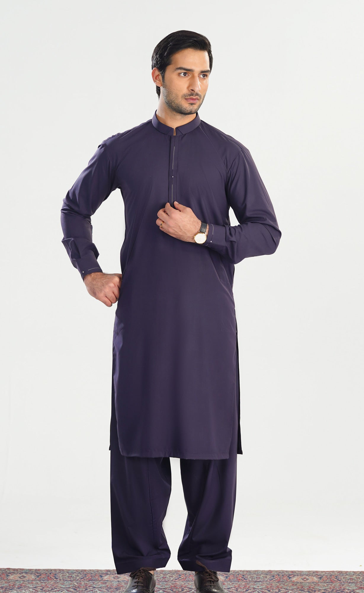 Deep Purple Double Mandarin Collar Kameez Shalwar - Men