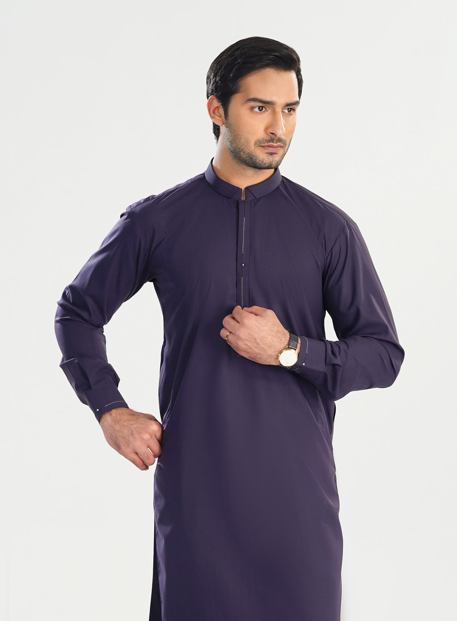 Deep Purple Double Mandarin Collar Kameez Shalwar - Men