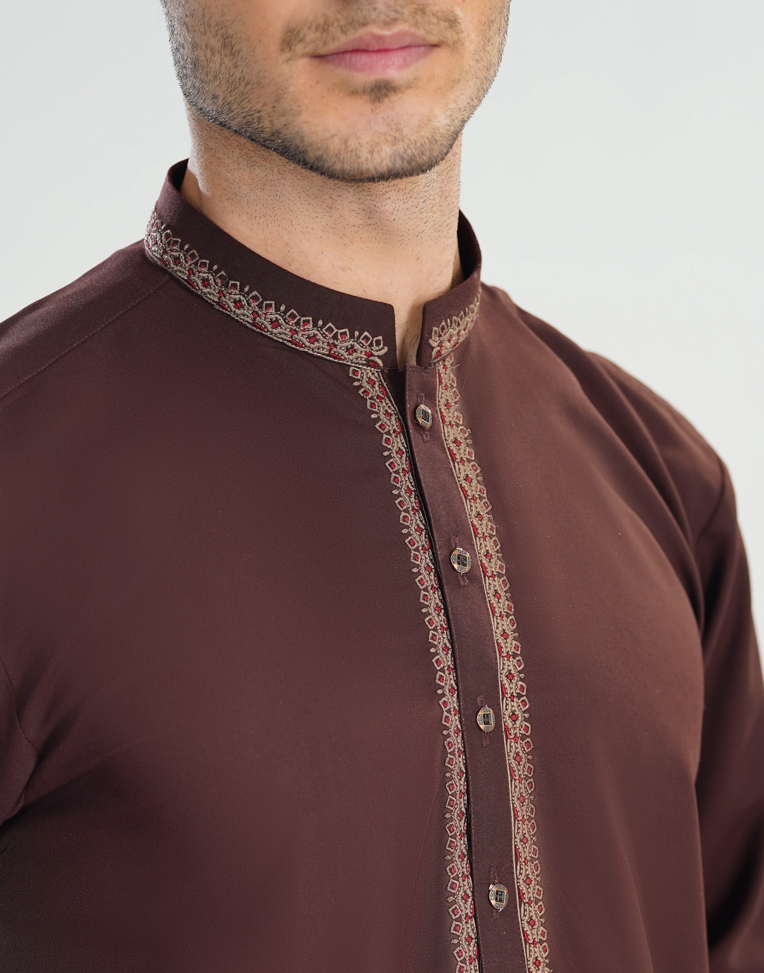 Formal Mahogany Kurta Shalwar - Collar Neck Embroidered - Men