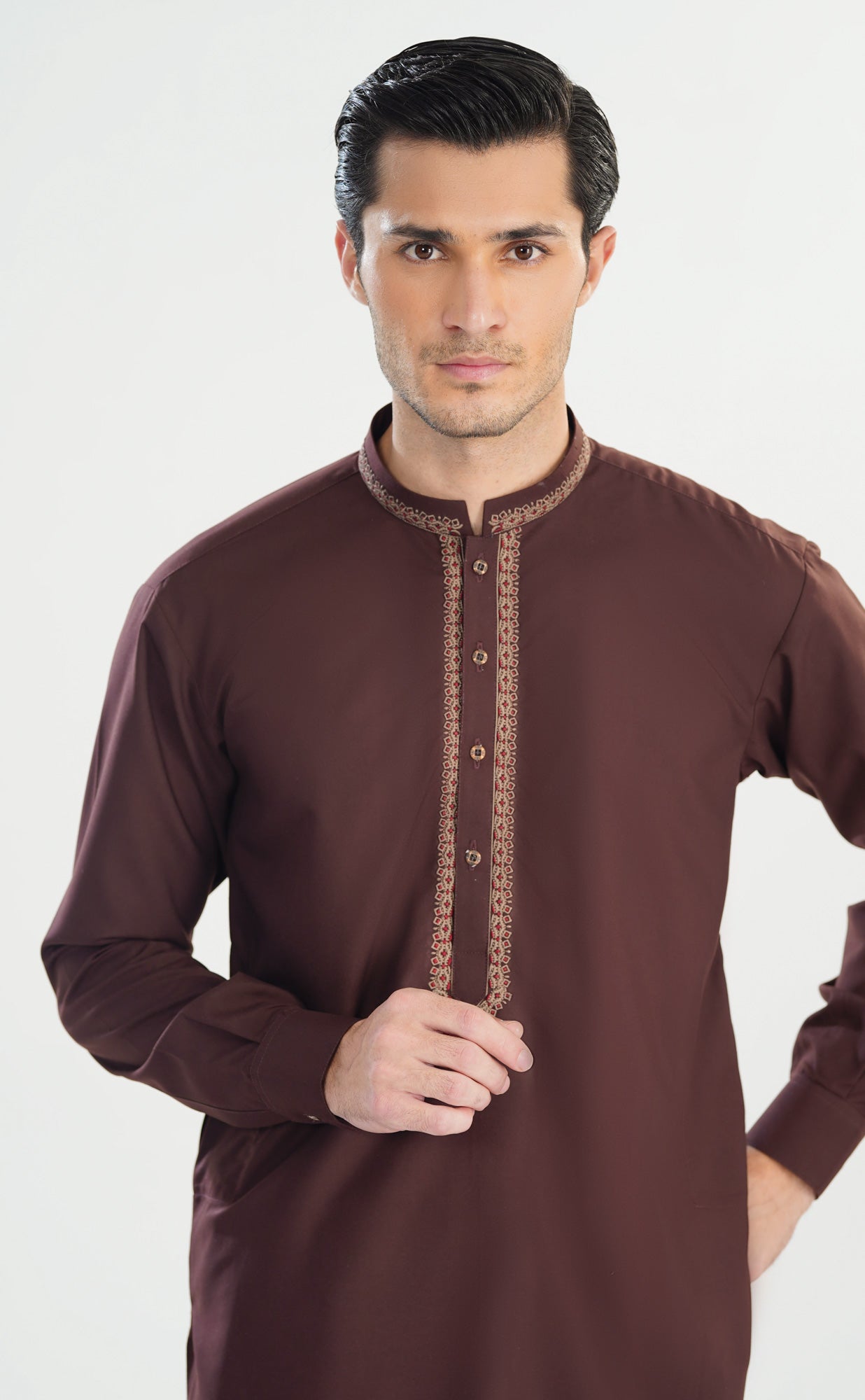 Formal Mahogany Kurta Shalwar - Collar Neck Embroidered - Men