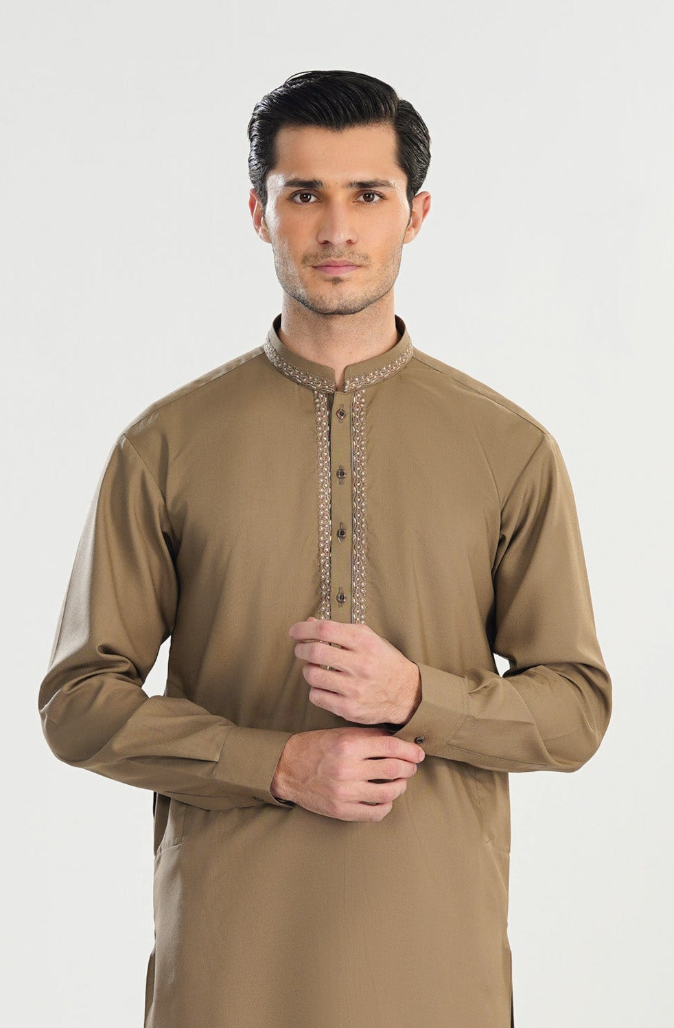 Formal Sand Beige Kurta Shalwar - Collar Neck Embroidered - Men