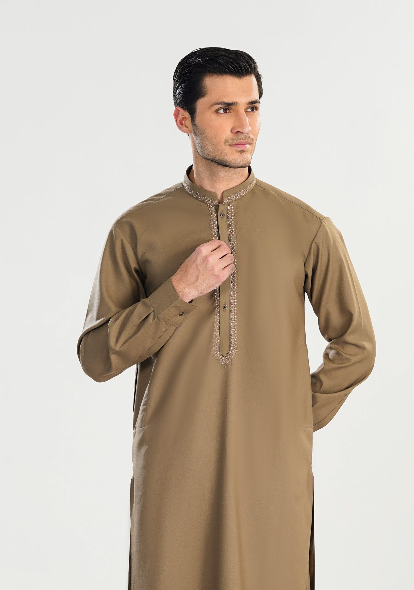 Formal Sand Beige Kurta Shalwar - Collar Neck Embroidered - Men