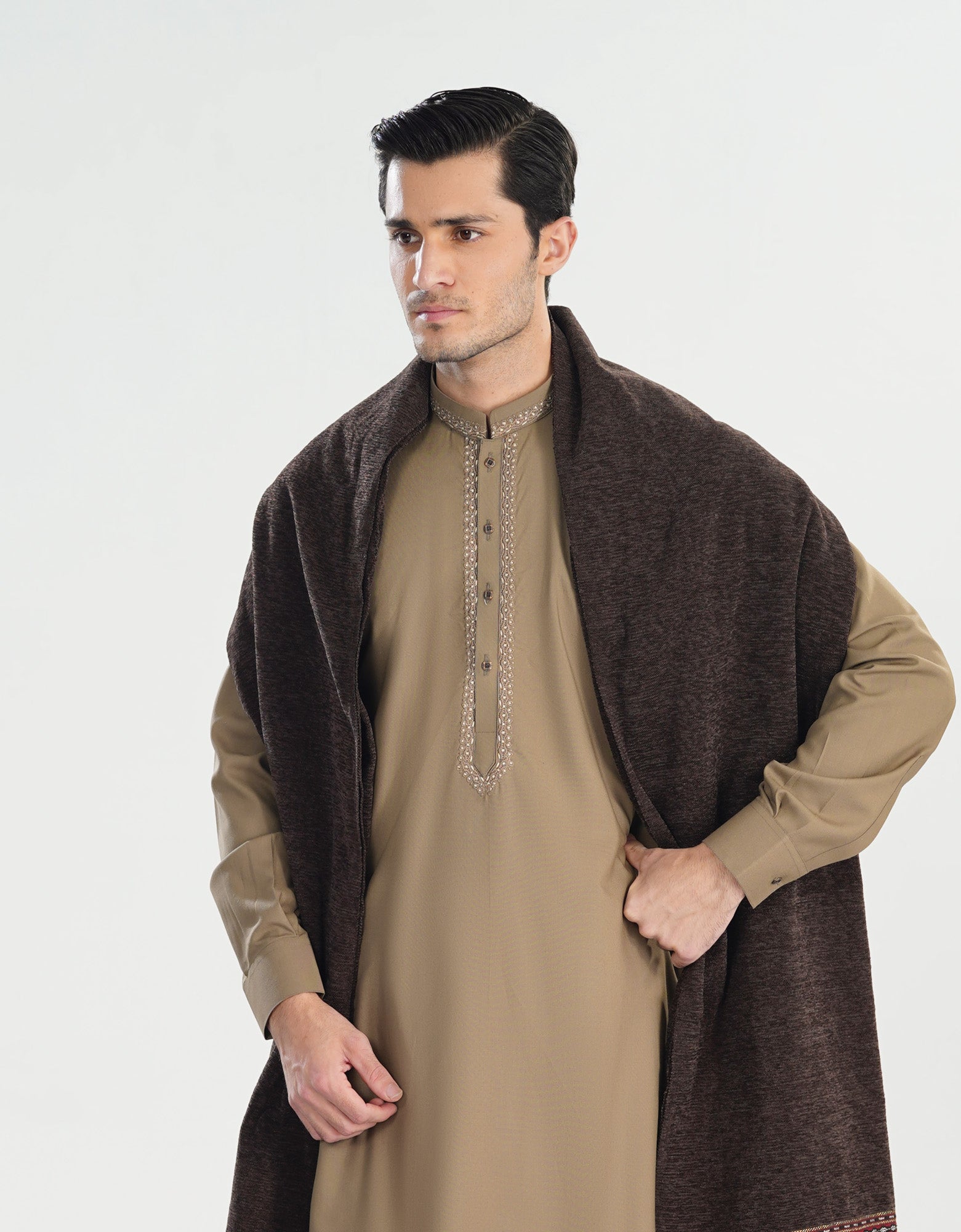 Formal Sand Beige Kurta Shalwar - Collar Neck Embroidered - Men